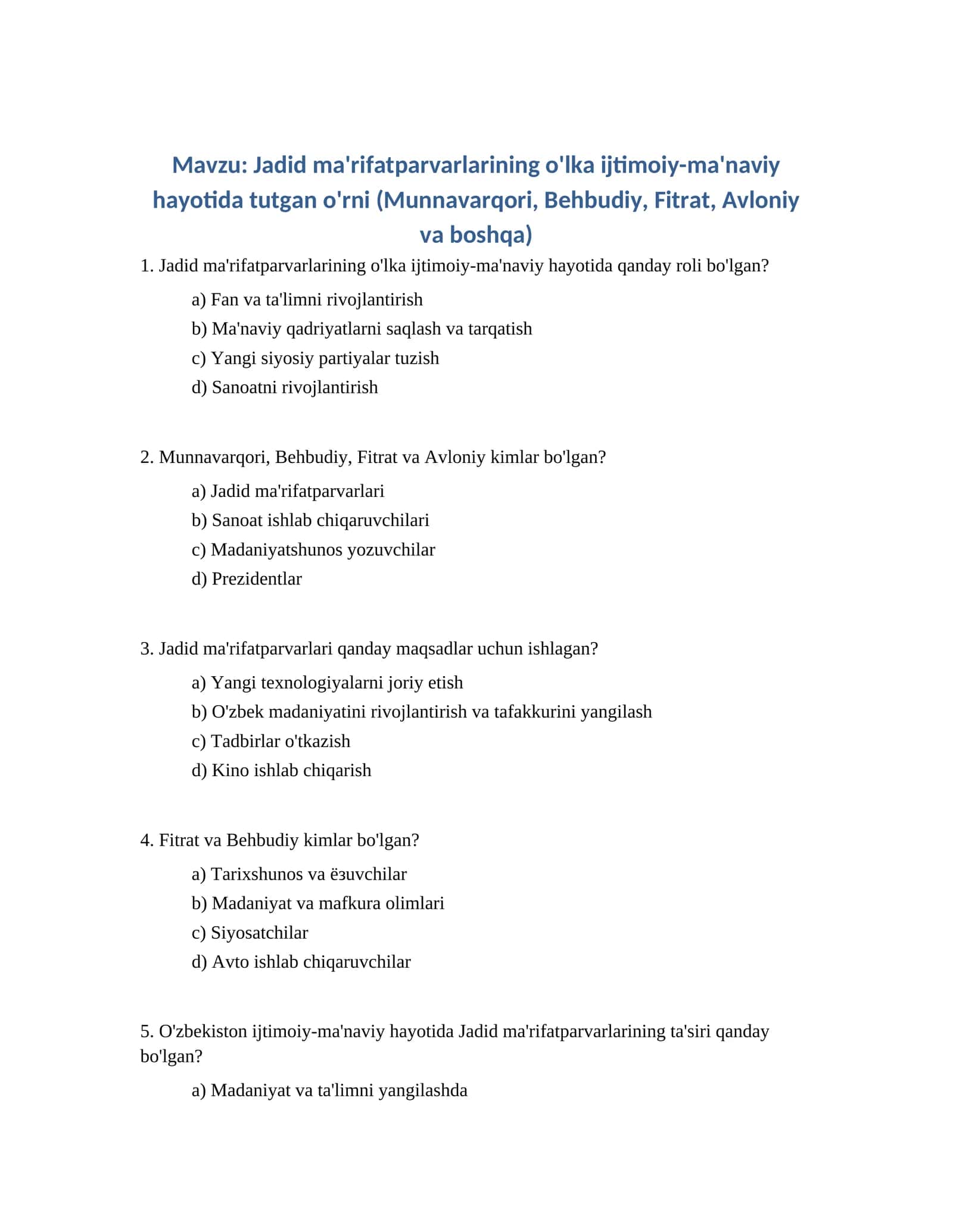 Jadid ma'rifatparvarlarining o'lka ijtimoiy-ma'naviy hayotida tutgan o'rni (Munnavarqori, Behbudiy, Fitrat, Avloniy va boshqa) 1
