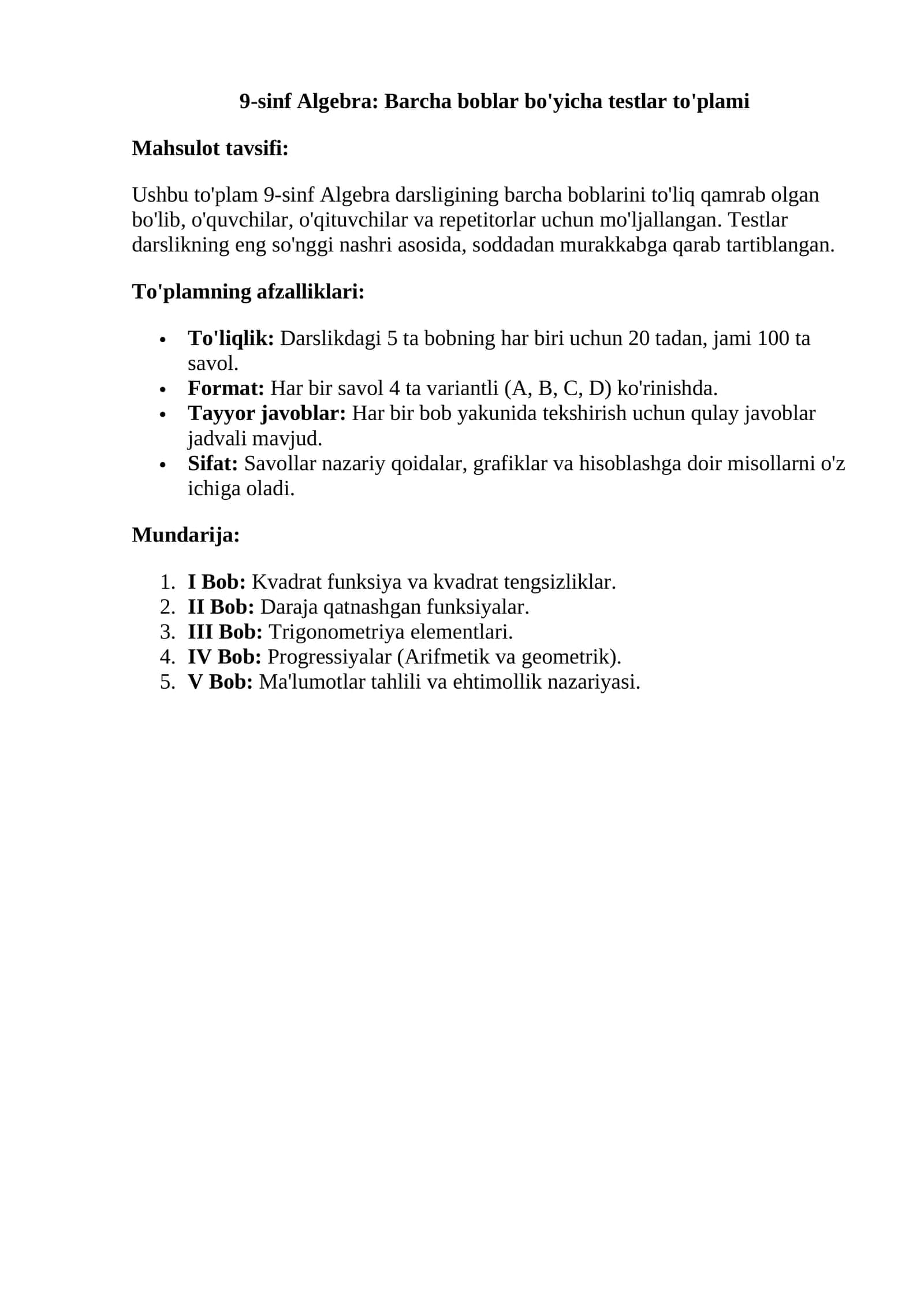 9-sinf Algebra: Barcha boblar bo'yicha testlar to'plami 1