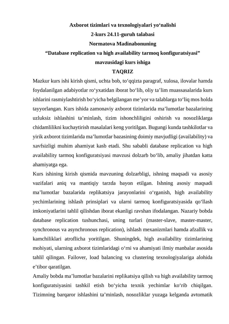 Database replication va high availability tarmoq konfiguratsiyasi 1