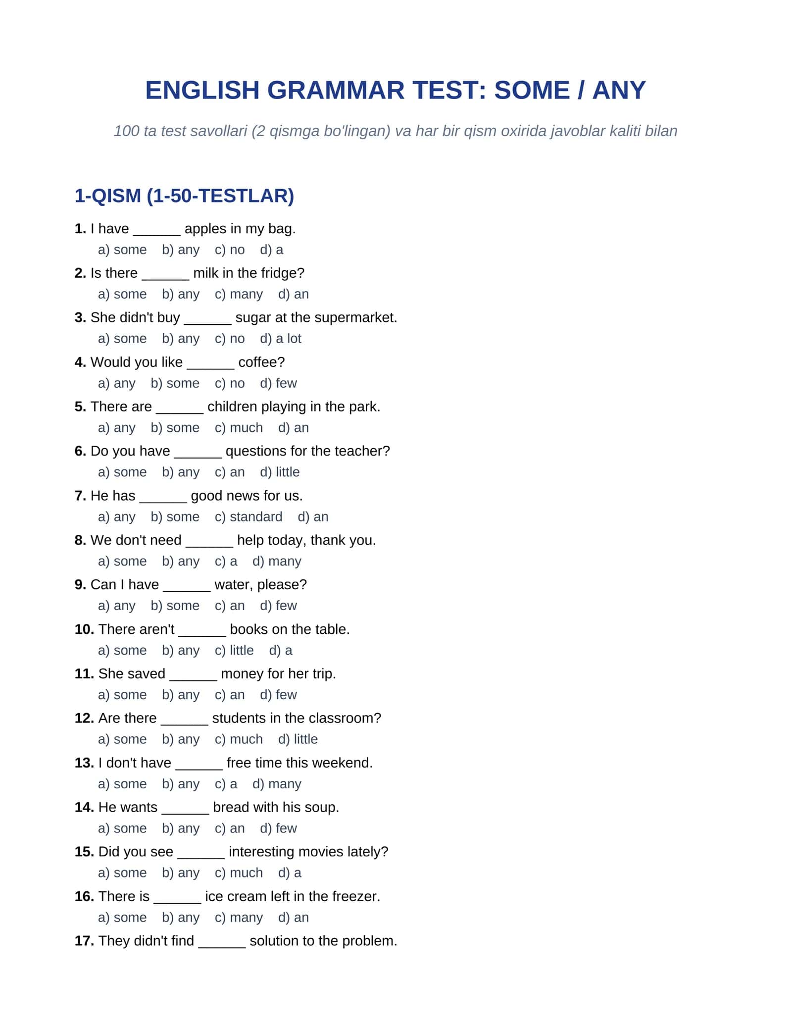 ENGLISH GRAMMAR TEST: SOME / ANY  100 talik test javoblari bilan 1