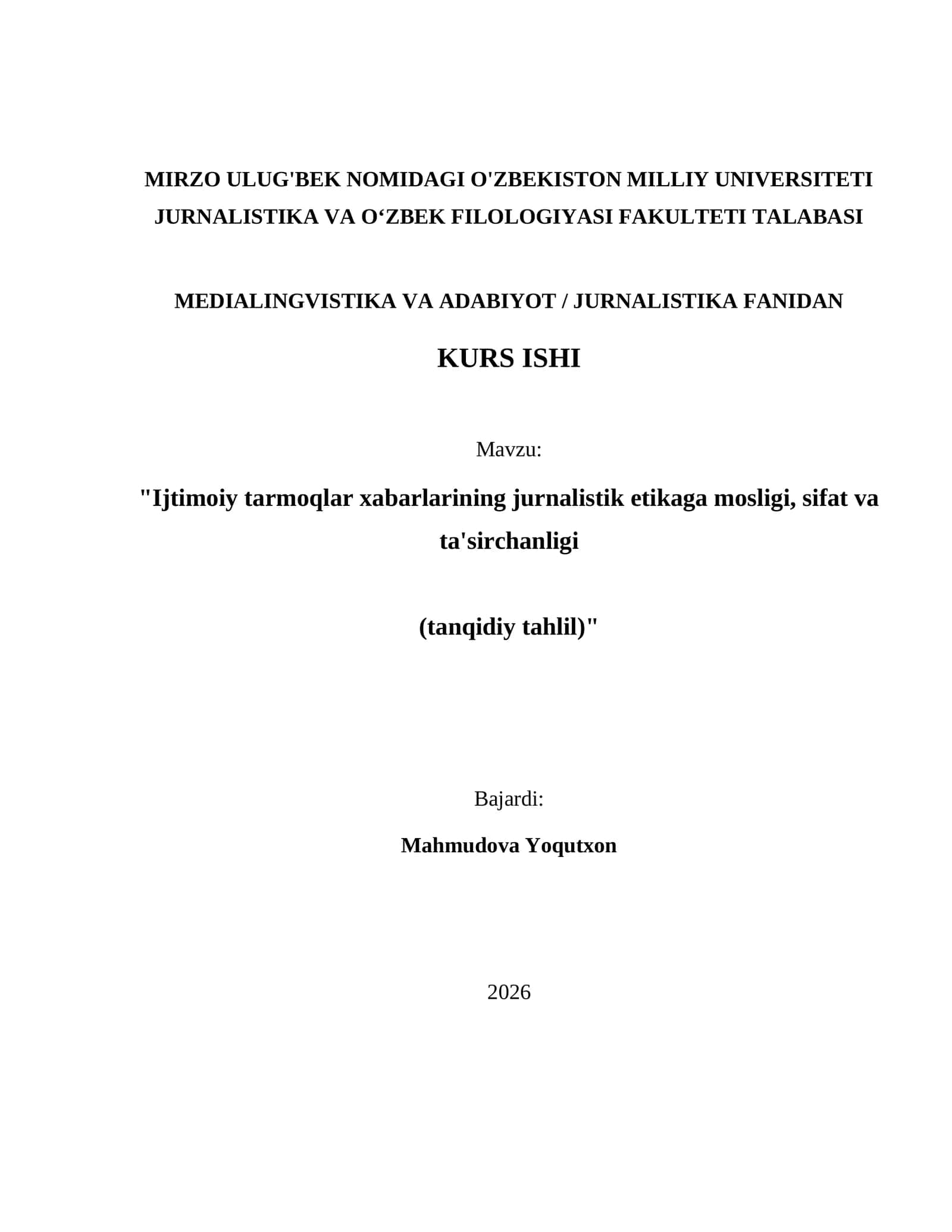 JURNALISTIKA VA O‘ZBEK FILOLOGIYASI FAKULTETI TALABASI - MEDIALINGVISTIKA VA ADABIYOT 1