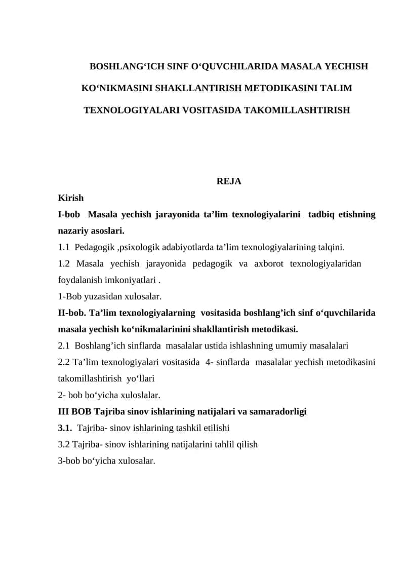 BOSHLANG‘ICH SINF O‘QUVCHILARIDA MASALA YECHISH KO‘NIKMASINI SHAKLLANTIRISH METODIKASINI TALIM TEXNOLOGIYALARI VOSITASIDA TAKOMILLASHTIRISH 1