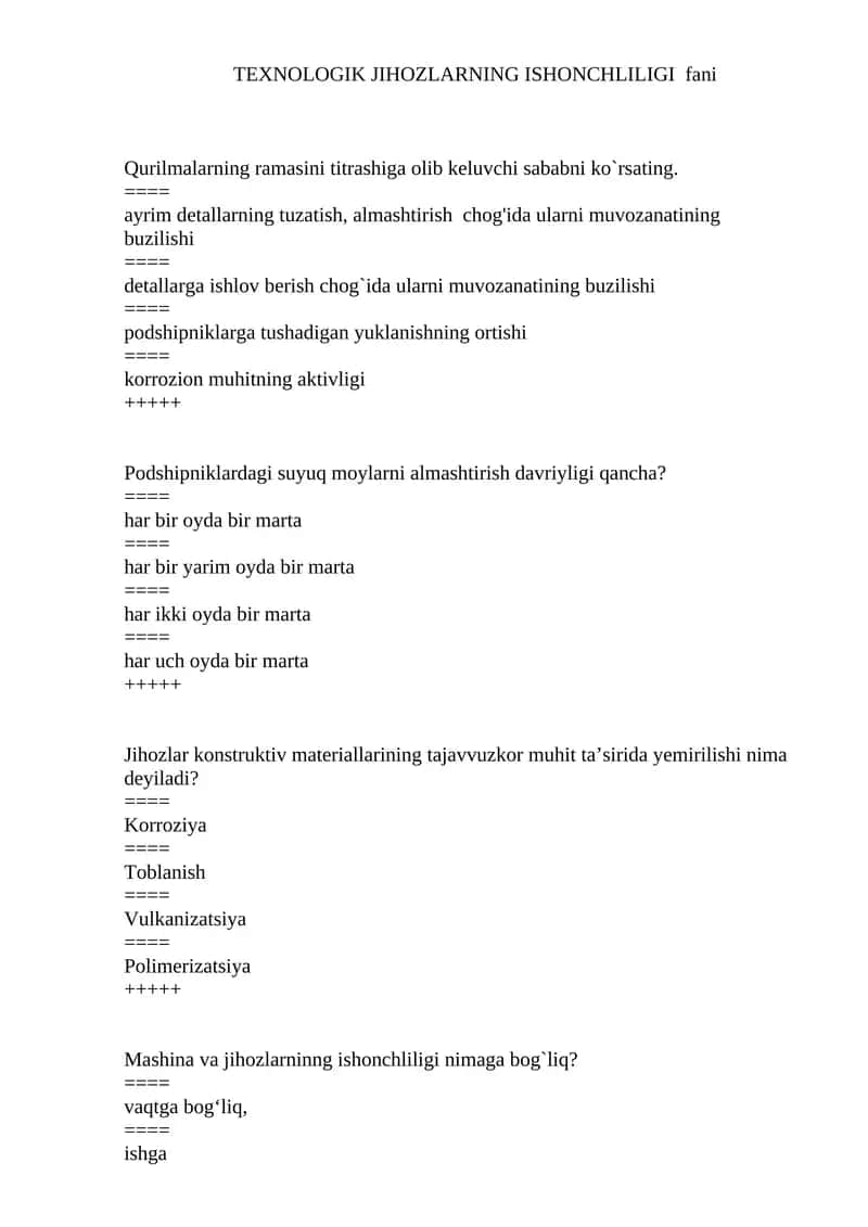 TEXNOLOGIK JIHOZLARNING ISHONCHLILIGI fani 1