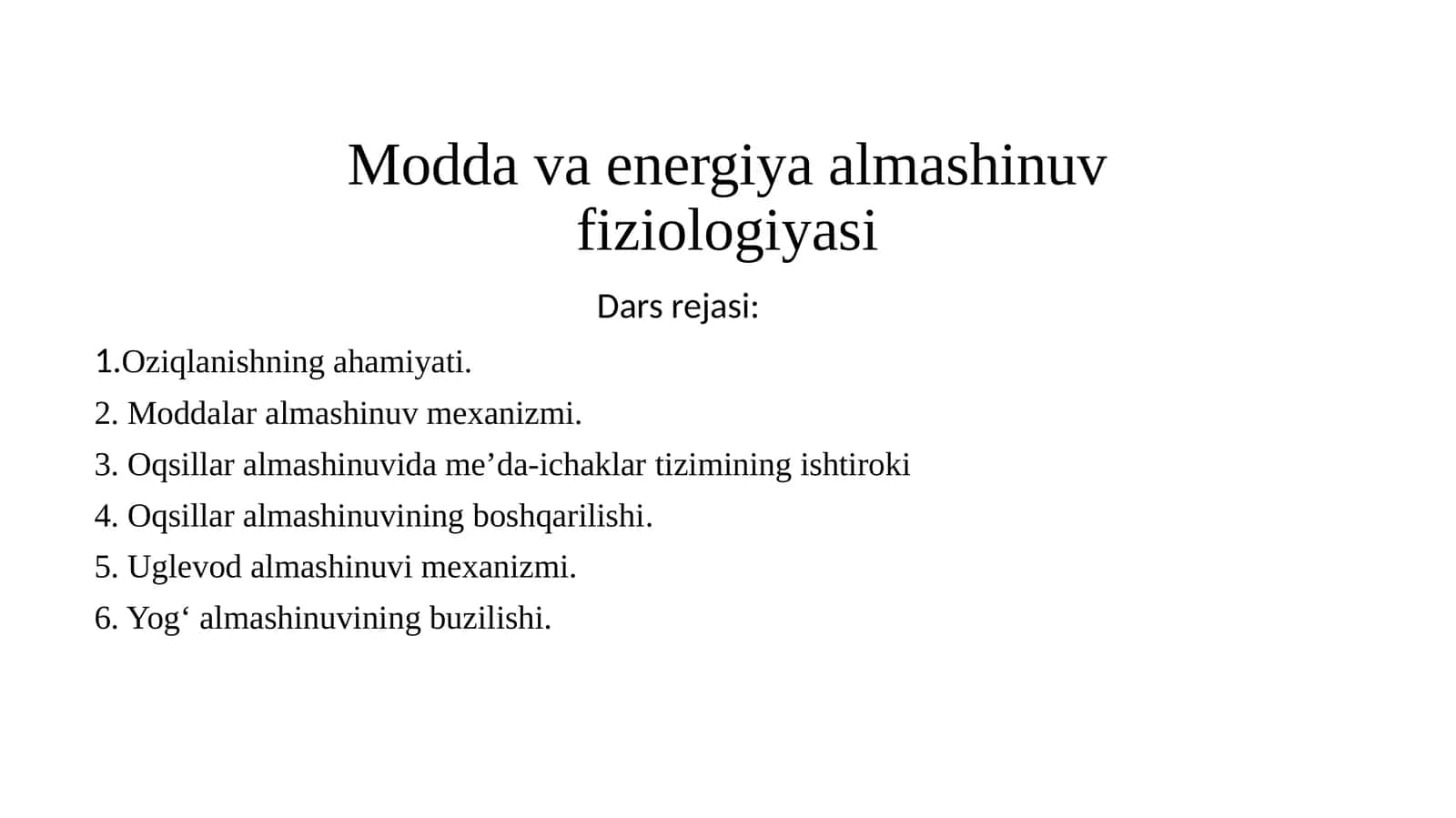 Modda va energiya almashinuv fiziologiyasi 1