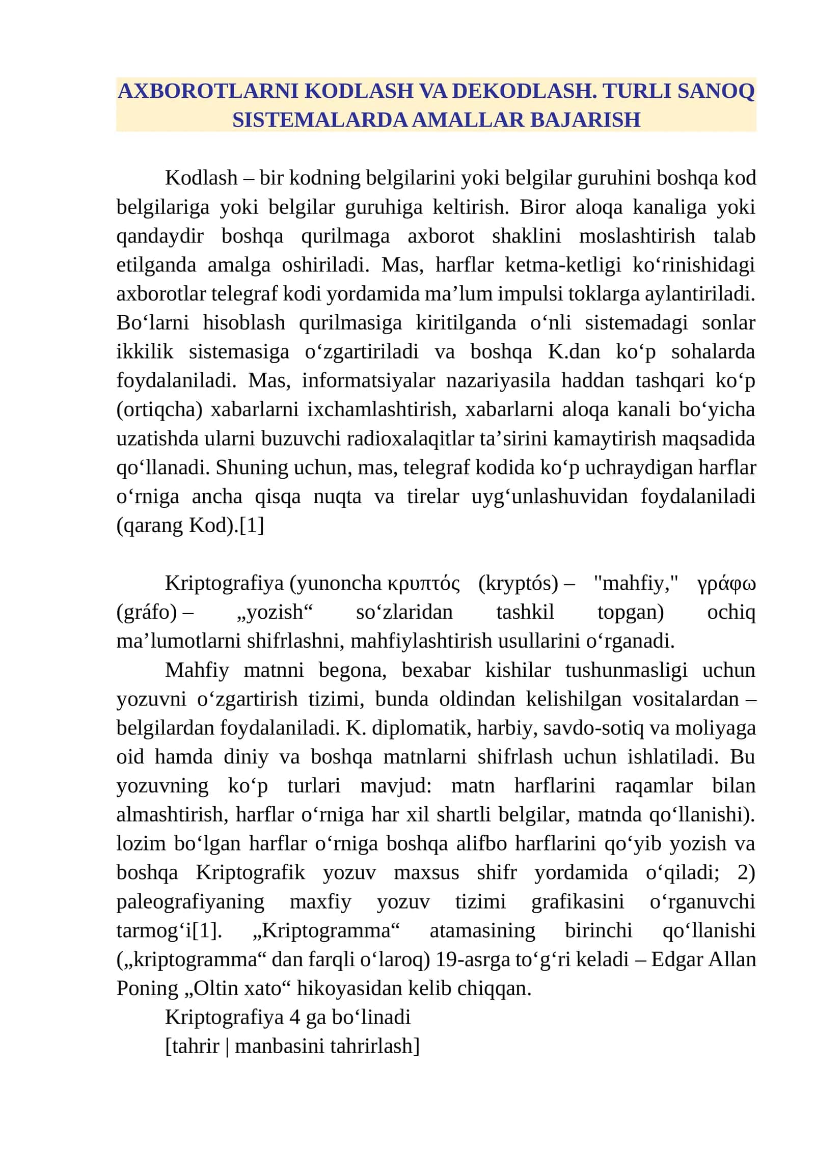 AXBOROTLARNI KODLASH VA DEKODLASH. TURLI SANOQ SISTEMALARDA AMALLAR BAJARISH 1