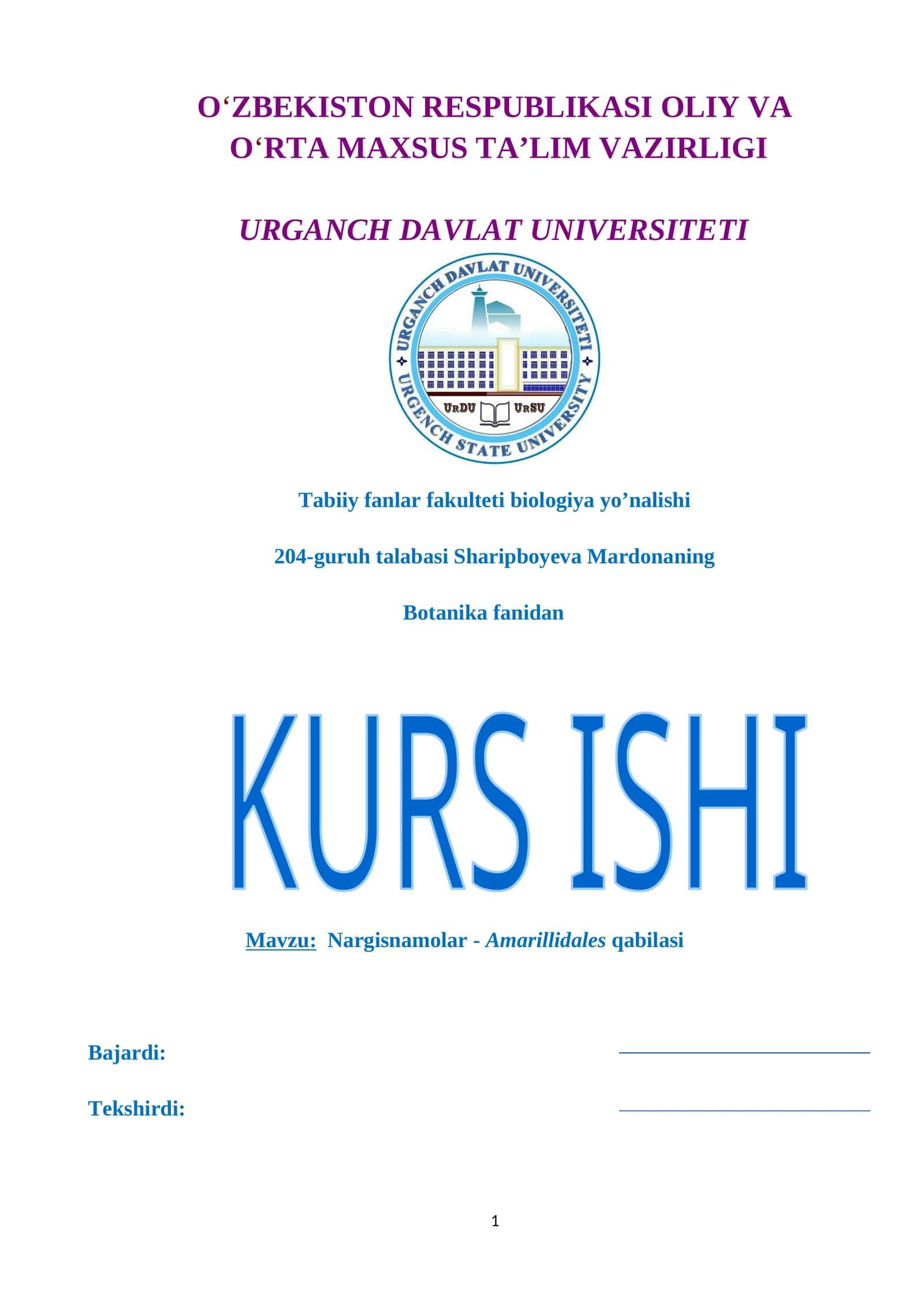 Nargisnamolar - Amarillidales qabilasi KURS ISHI 1