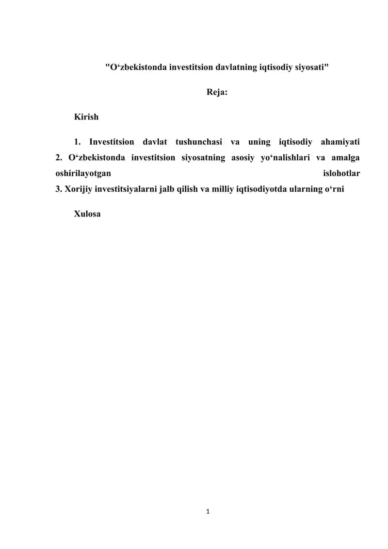 O‘zbekistonda investitsion davlatning iqtisodiy siyosati 1