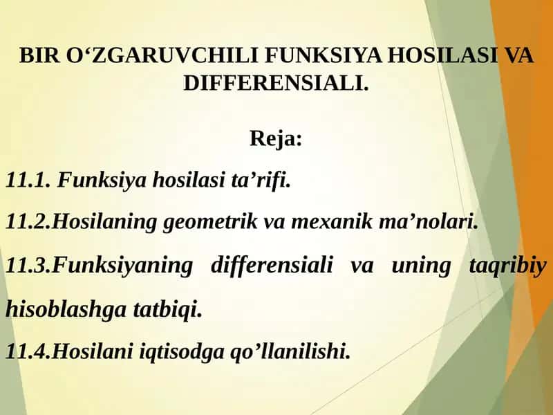 BIR О‘ZGARUVCHILI FUNKSIYA HOSILASI VA DIFFERENSIALI. 1