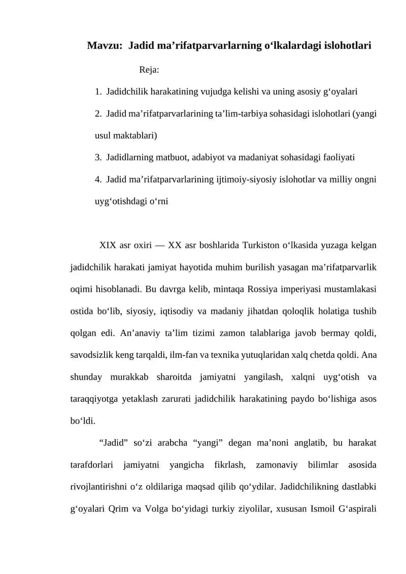 Jadid ma’rifatparvarlarning o‘lkalardagi islohotlari 1