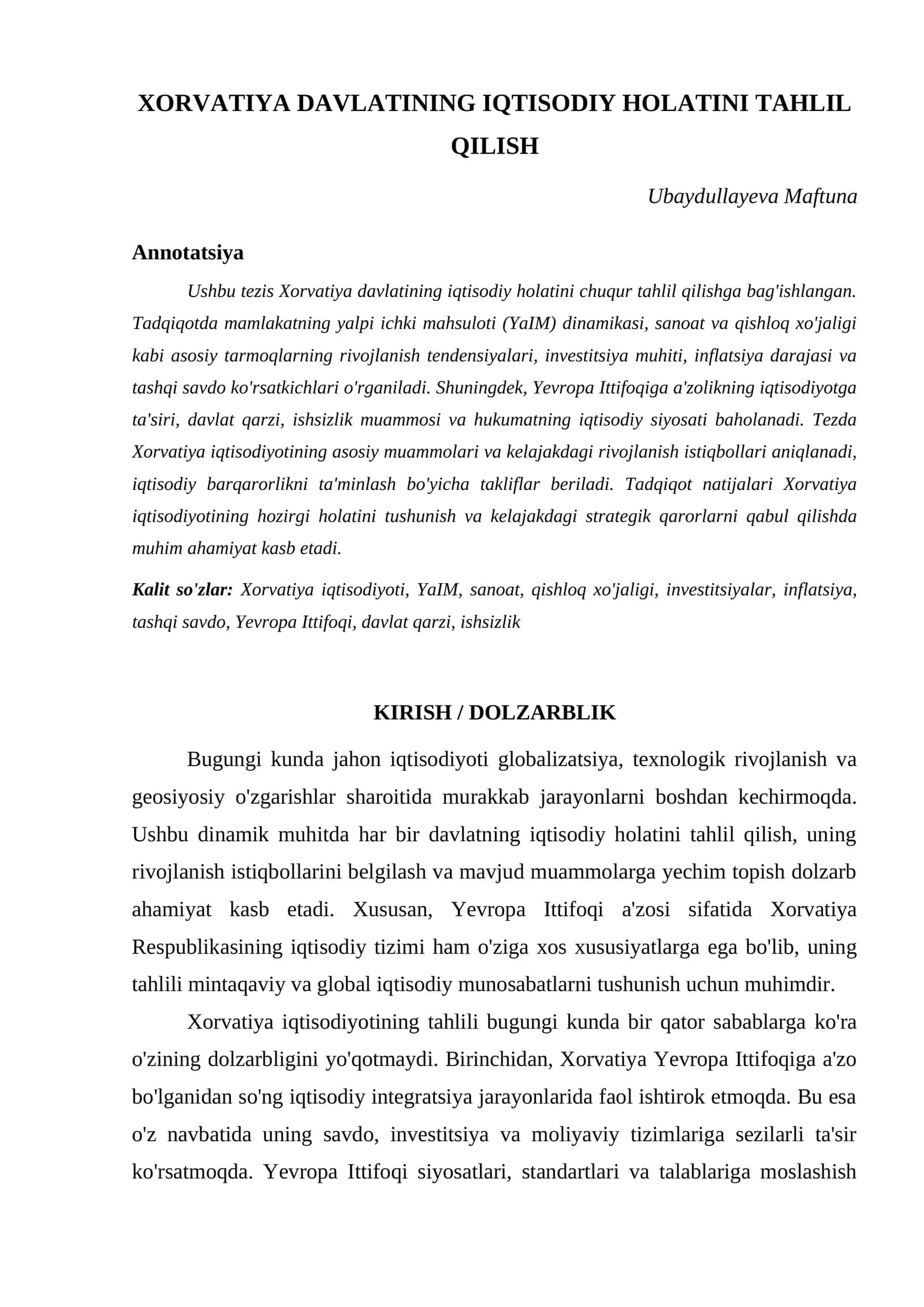 XORVATIYA DAVLATINING IQTISODIY HOLATINI TAHLIL QILISH 1