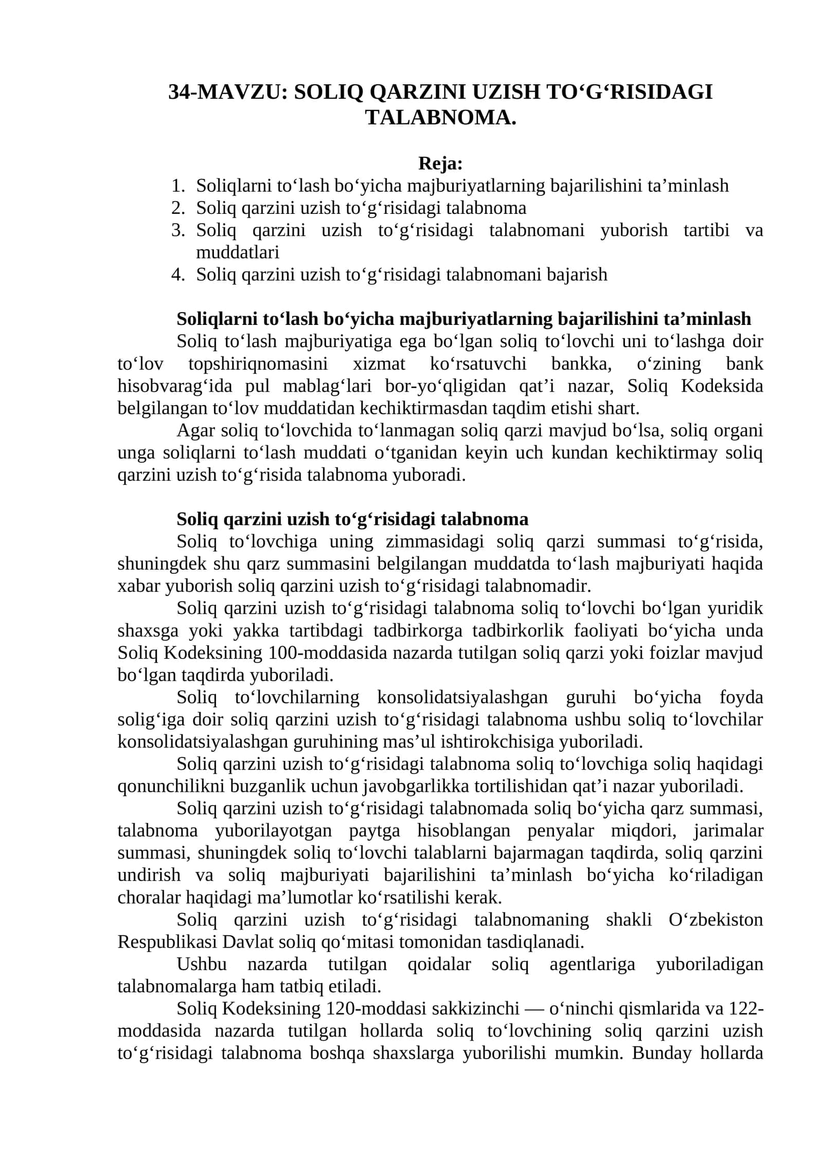 SOLIQ QARZINI UZISH TO‘G‘RISIDAGI TALABNOMA 1