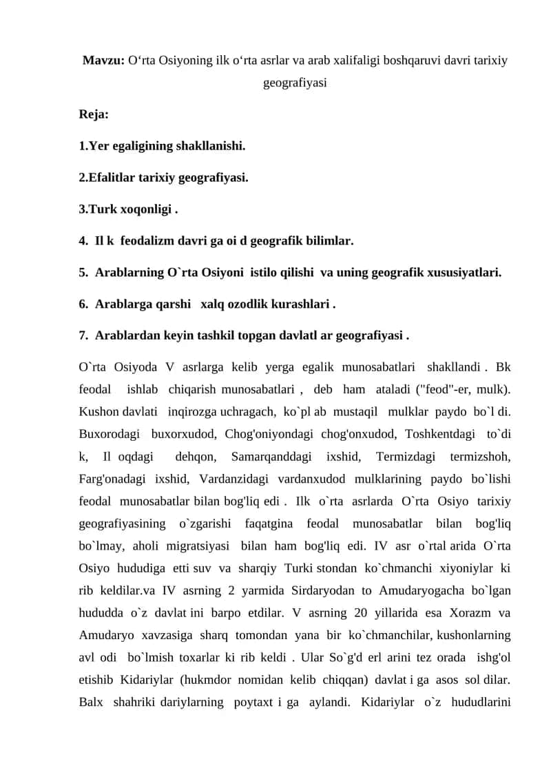 O‘rta Osiyoning ilk o‘rta asrlar va arab xalifaligi boshqaruvi davri tarixiy geografiyasi 1