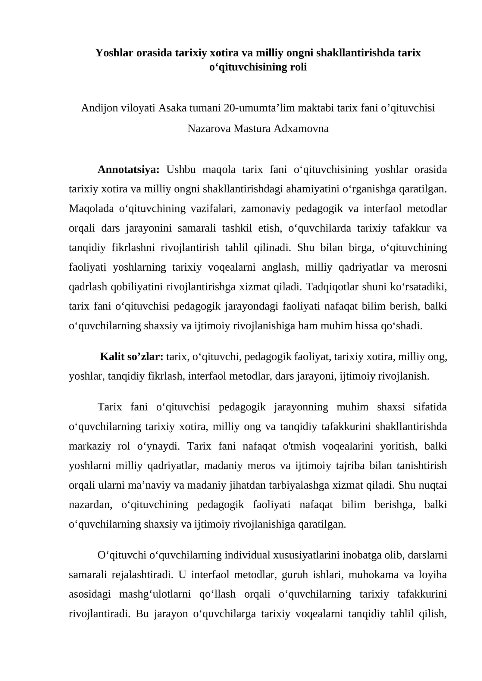 Yoshlar orasida tarixiy xotira va milliy ongni shakllantirishda tarix o‘qituvchisining roli 1
