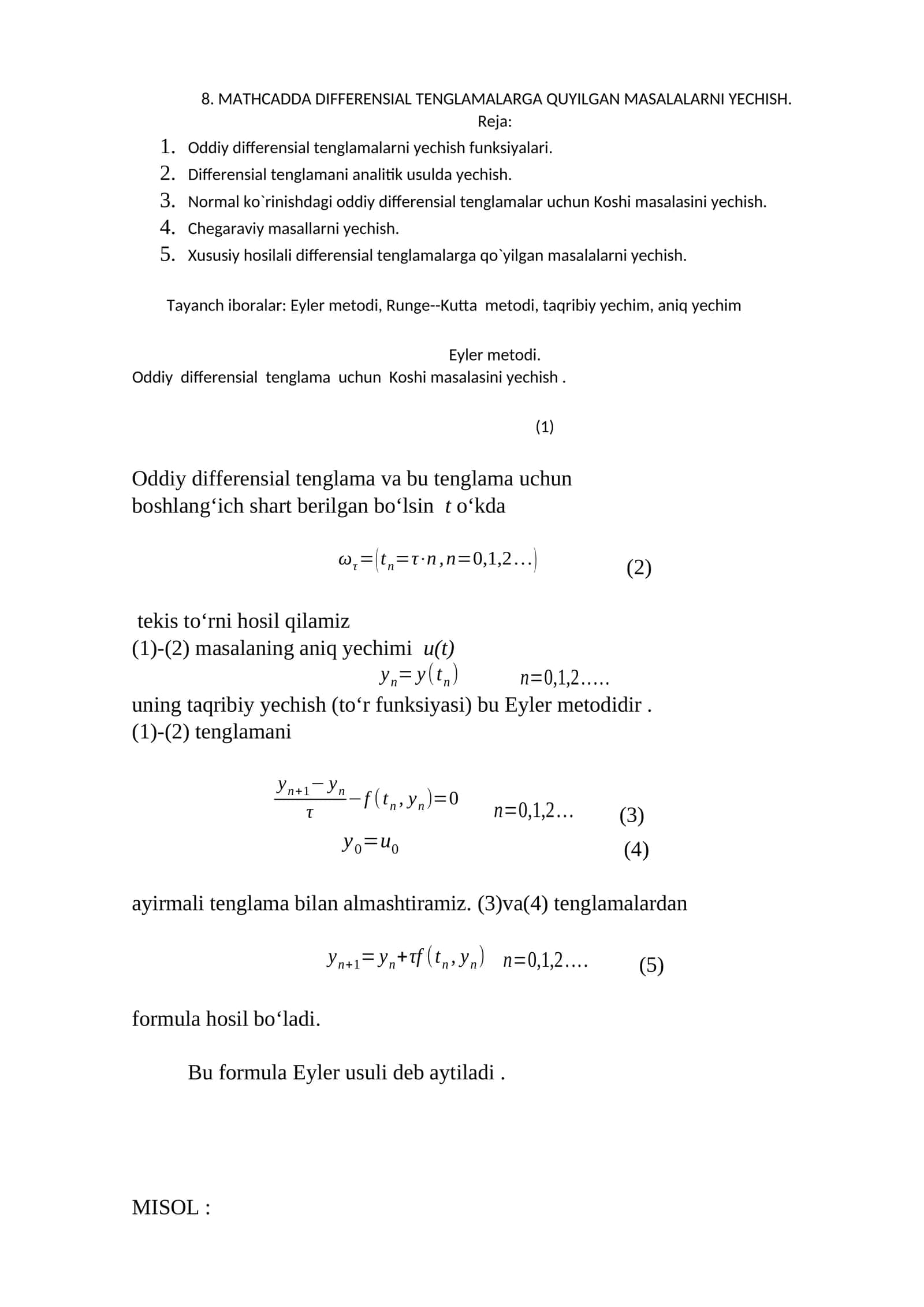 MATHCADDA DIFFERENSIAL TENGLAMALARGA QUYILGAN MASALALARNI YECHISH 1