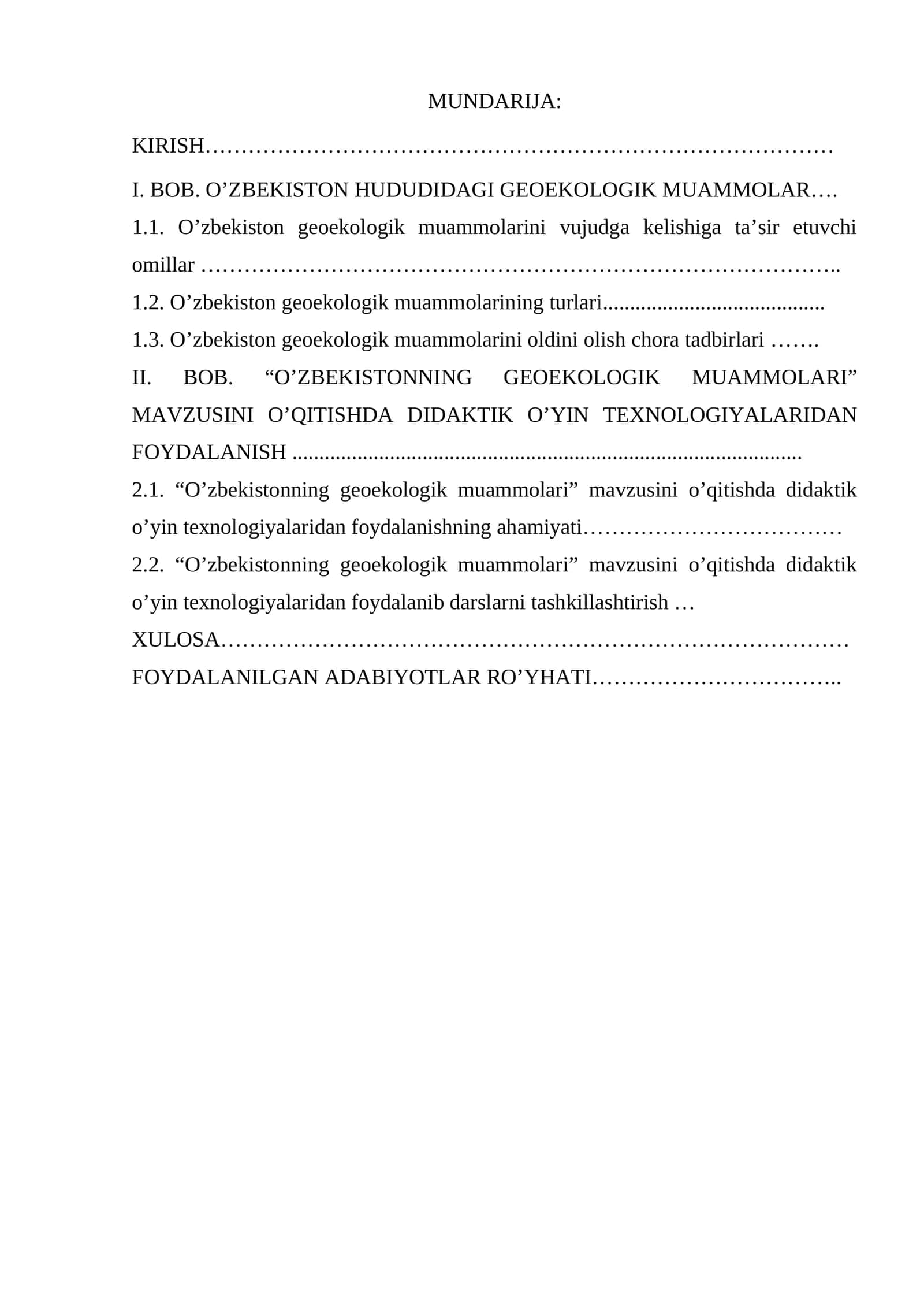O’ZBEKISTONNING GEOEKOLOGIK MUAMMOLARI kurs ishi 1