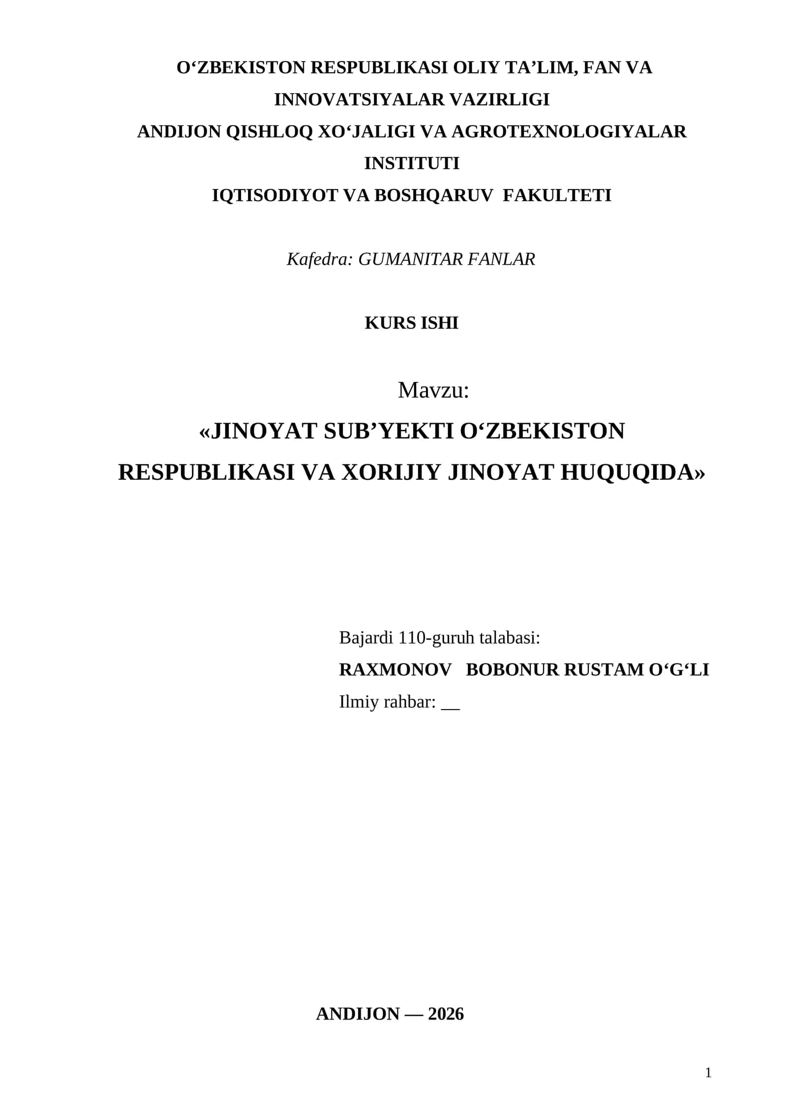 JINOYAT SUB’YEKTI O‘ZBEKISTON RESPUBLIKASI VA XORIJIY JINOYAT HUQUQIDA 1