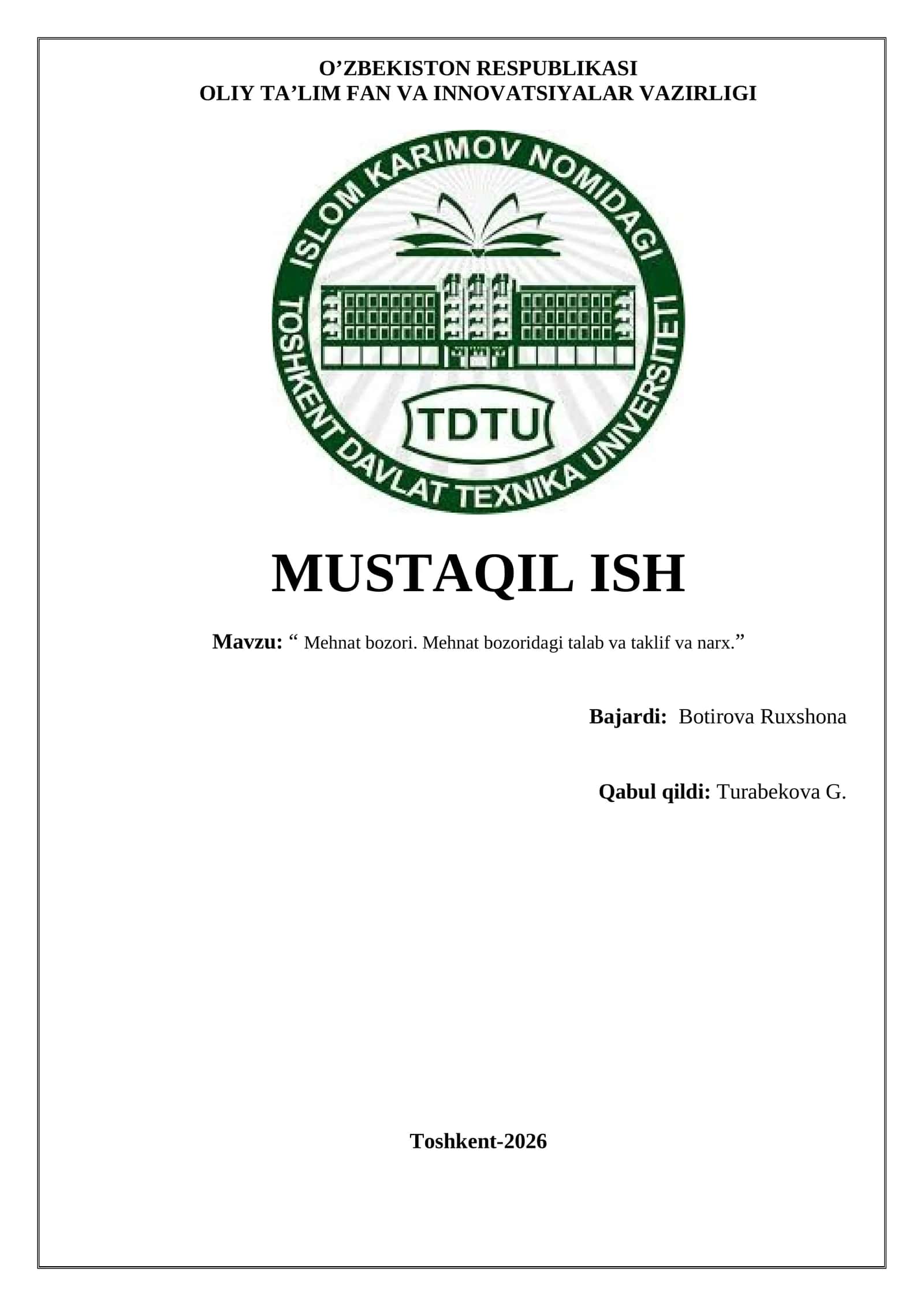 Mehnat bozori. Mehnat bozoridagi talab va taklif va narx 1