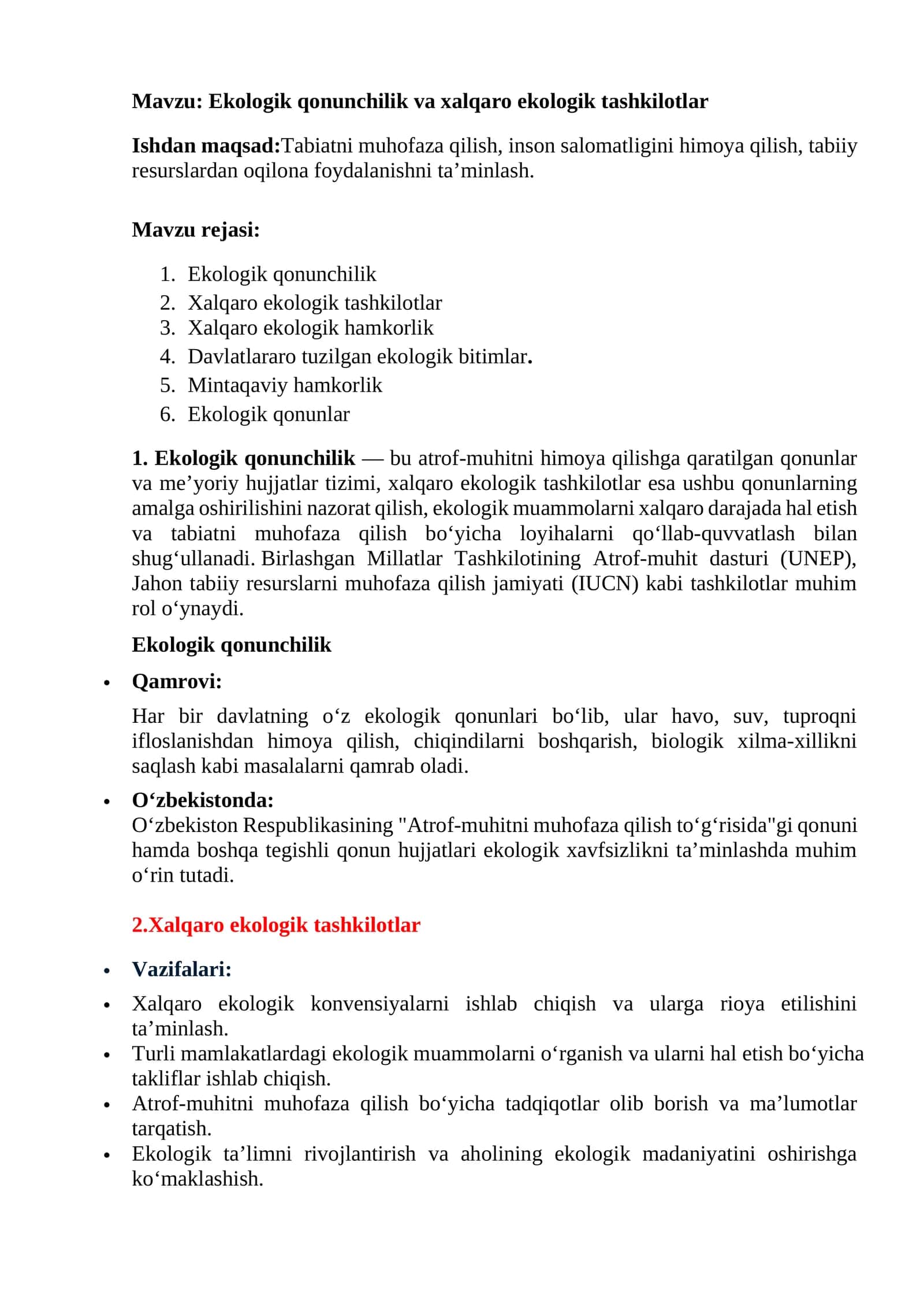 Ekologik qonunchilik va xalqaro ekologik tashkilotlar 1