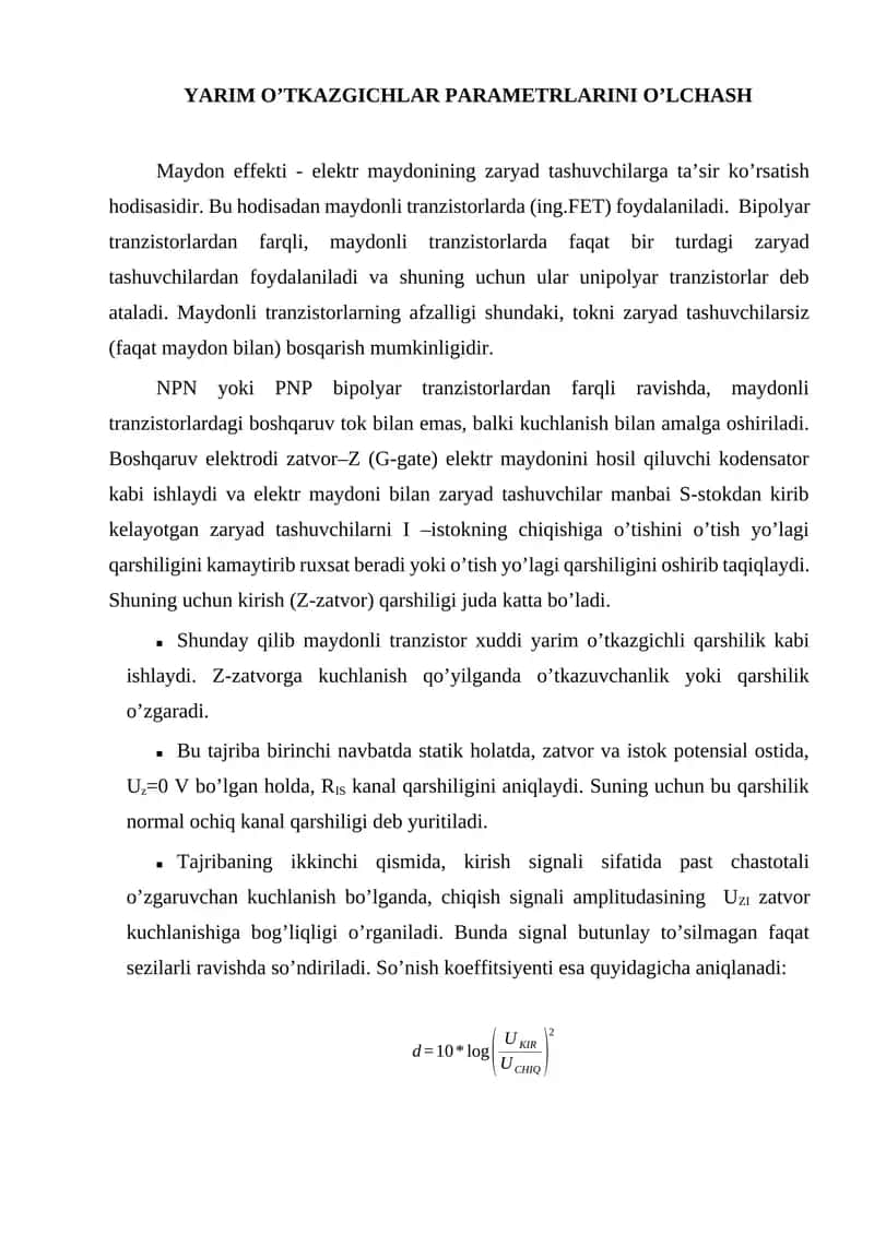 YARIM O’TKAZGICHLAR PARAMETRLARINI O’LCHASH 1