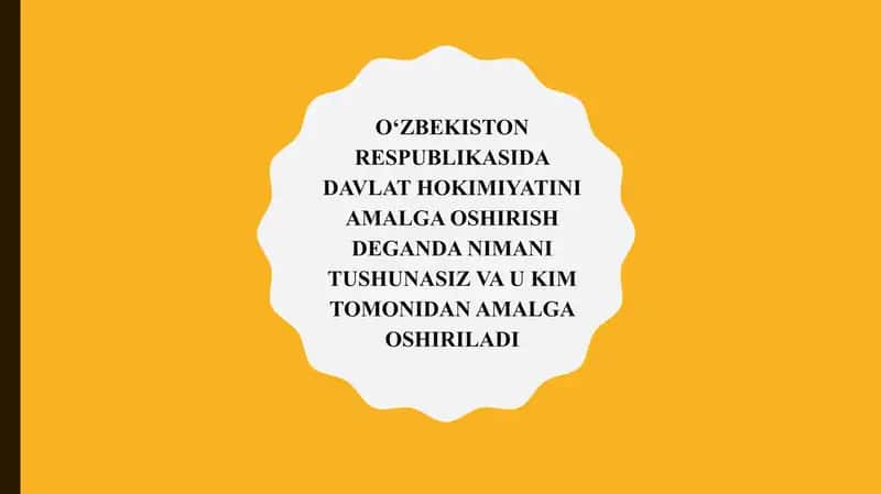 O‘zbekiston Respublikasida davlat xokimiyatini amalga oshirish deganda nmani tushunasiz va u km tomonidan amalga oshiriladi 1