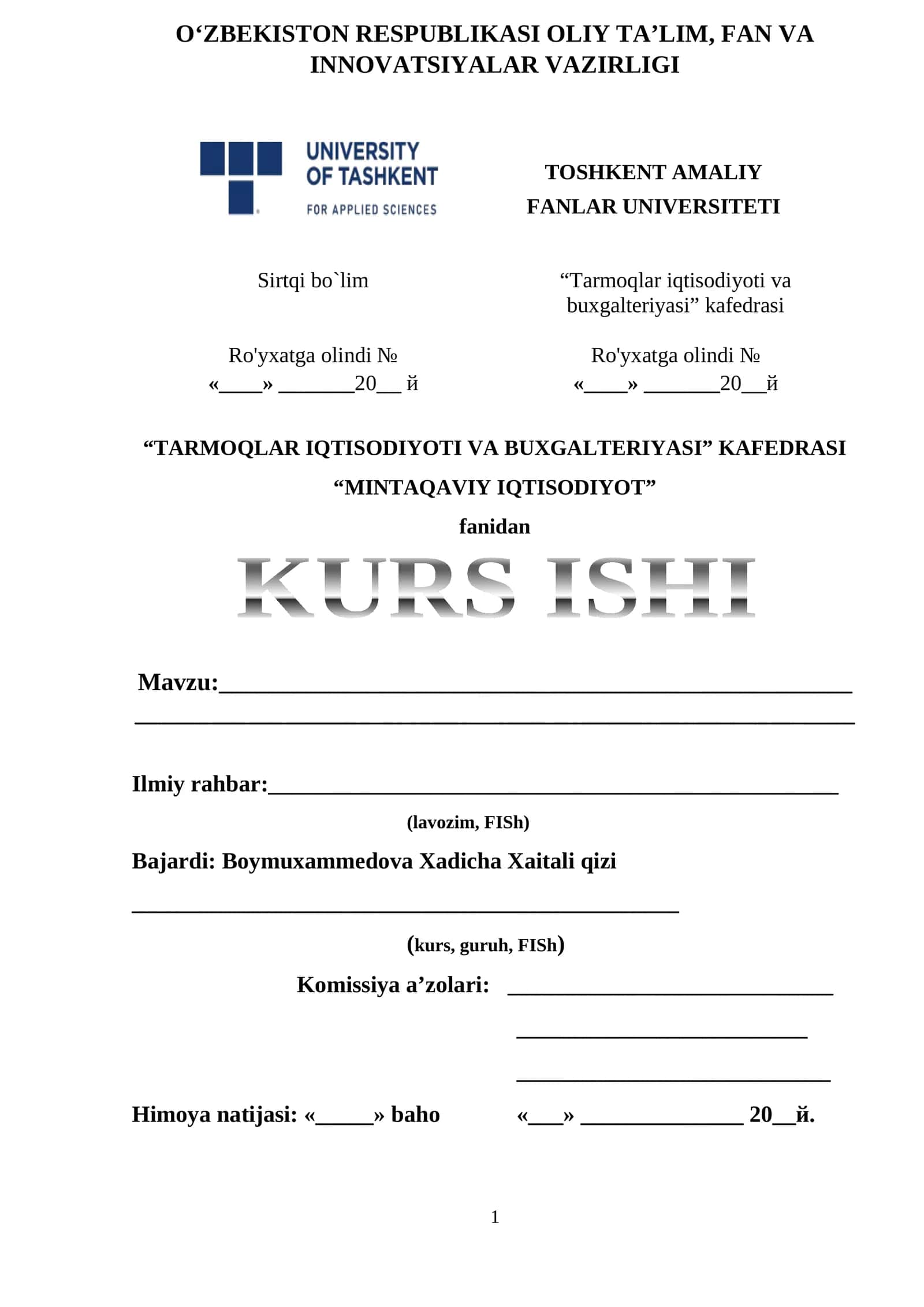 Tarmoqlar iqtisodiyoti va buxgalteriyasi kurs ishi 1