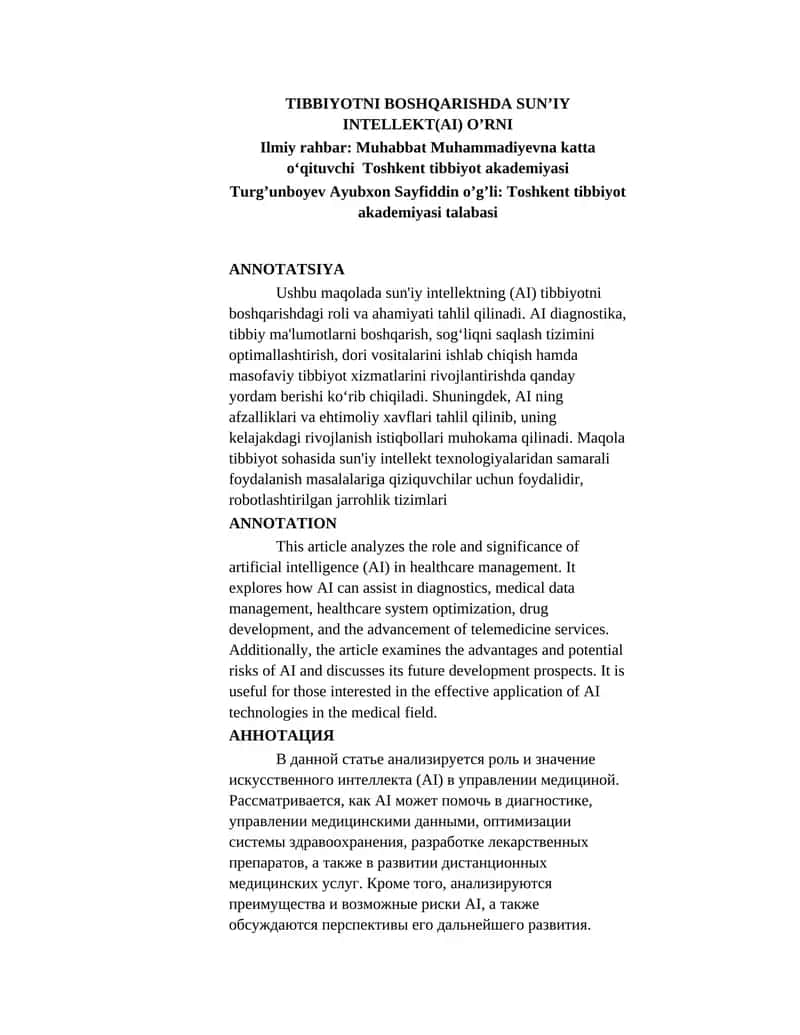 TIBBIYOTNI BOSHQARISHDA SUN’IY INTELLEKT(AI) O’RNI 1