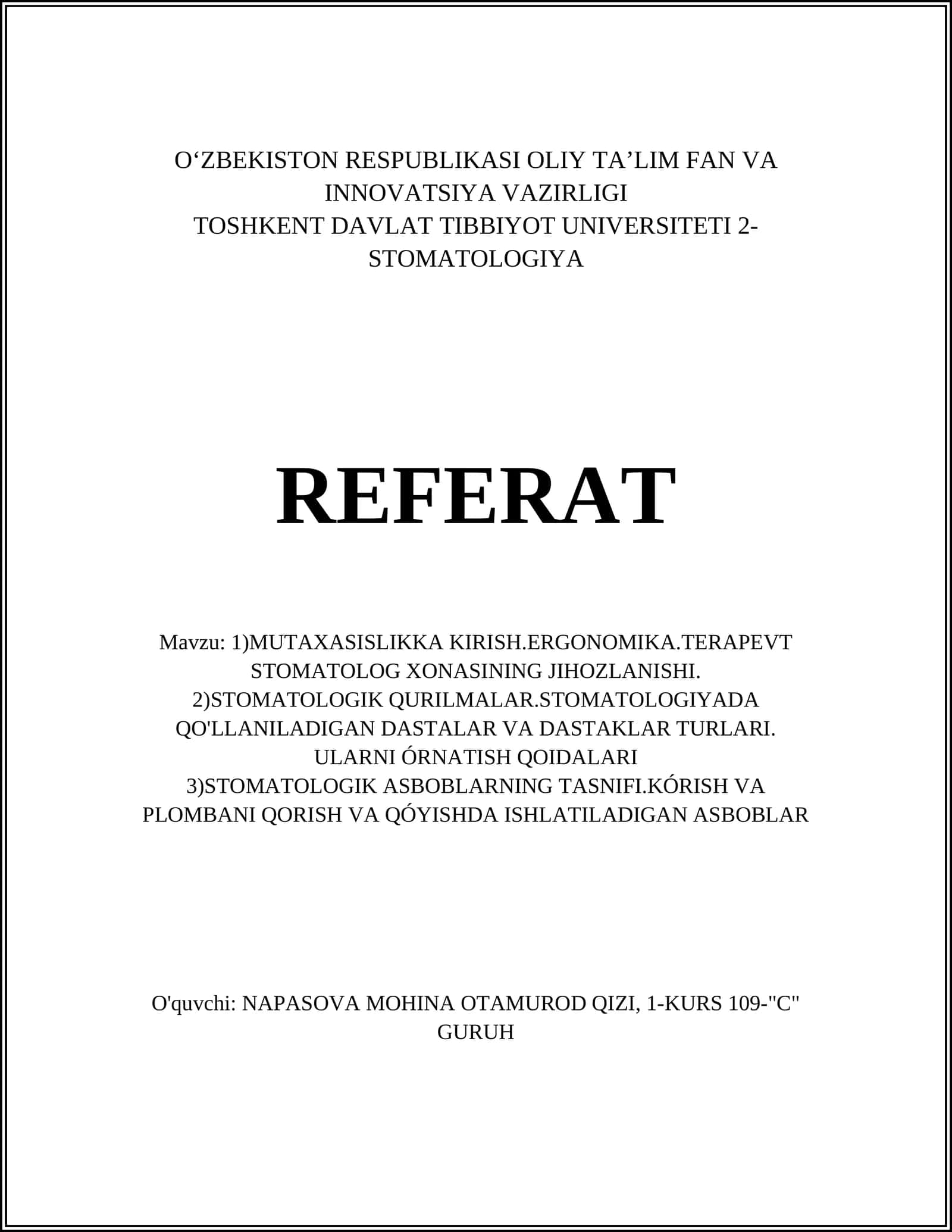 Mutaxassislikka kirish: terapevt stomatologiya asosiy tushunchalari 1