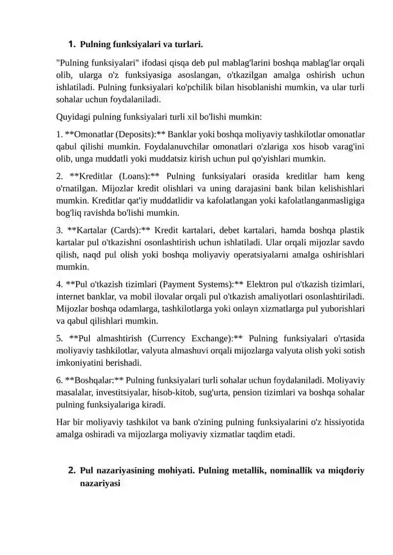 Pulning funksiyalari va turlari
