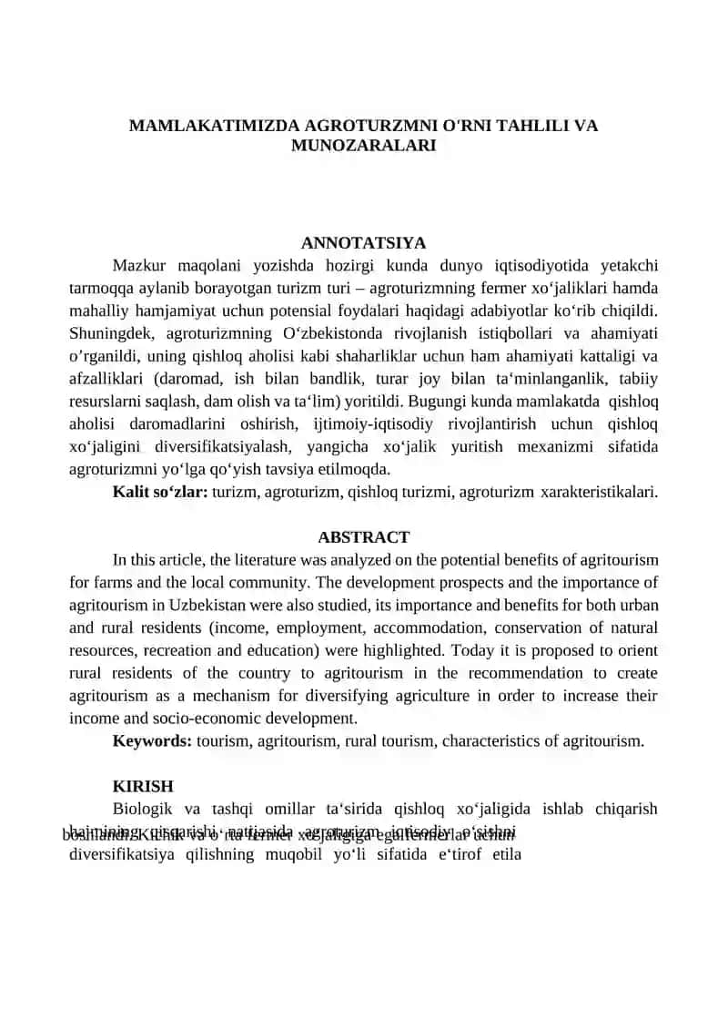 AGROTURZMNI O'RNI TAHLILI VA MUNOZARALARI