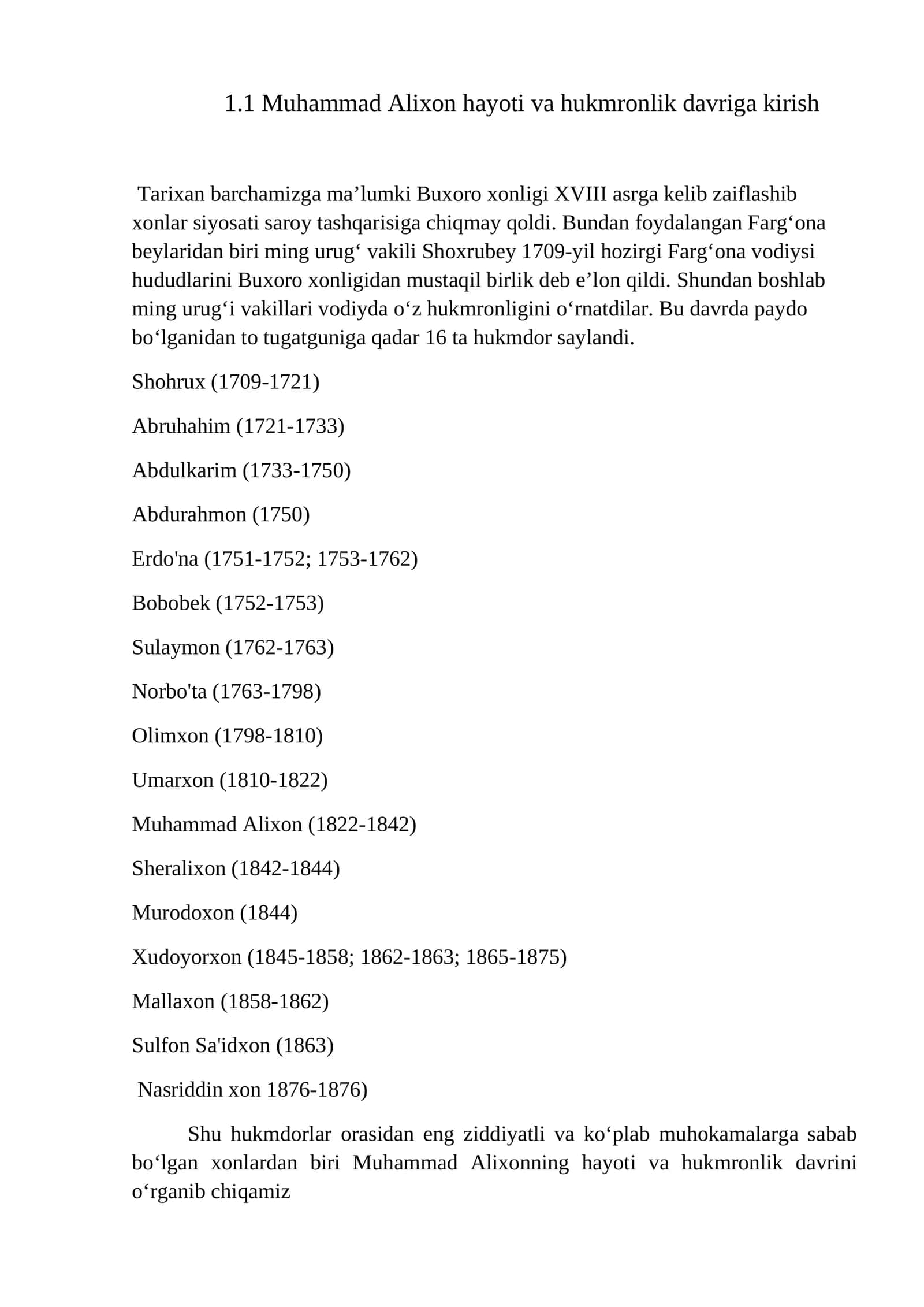 Muhammad Alixon hayoti va hukmronlik davriga kirish 1