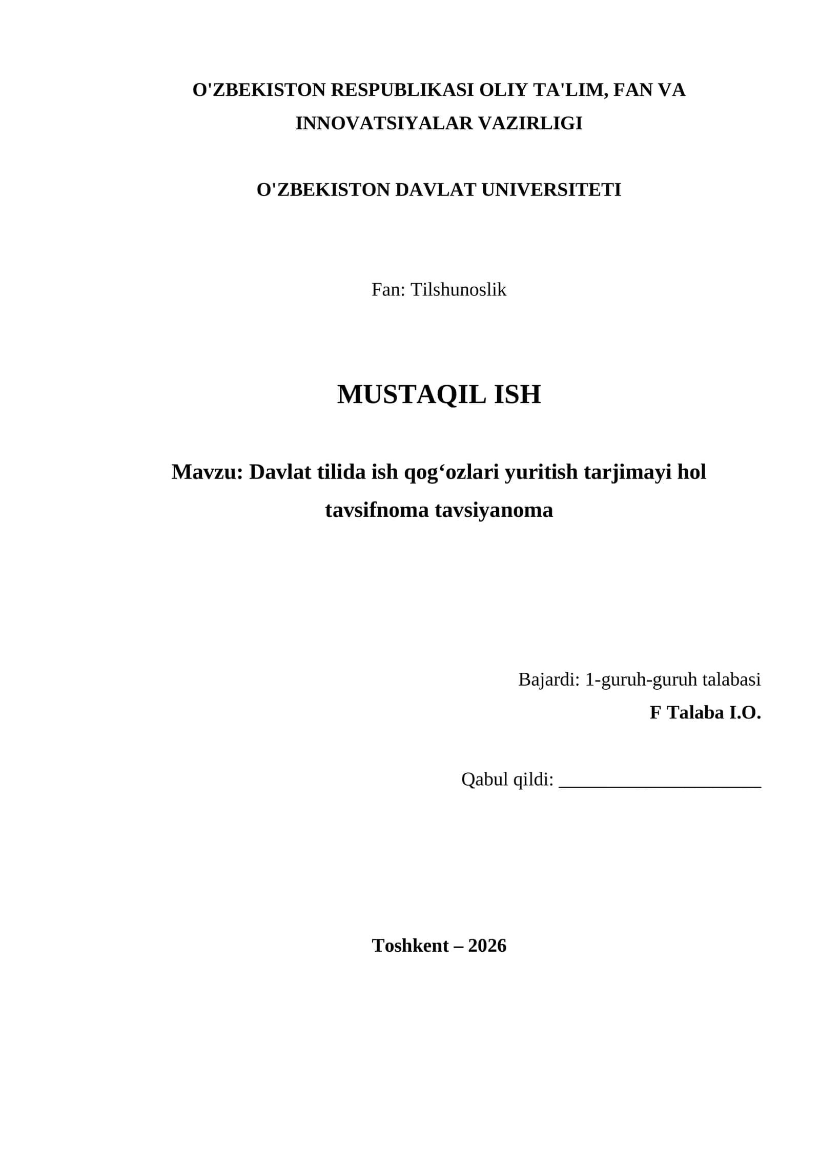 Davlat tilida ish qog‘ozlari yuritish tarjimayi hol tavsifnoma tavsiyanoma 1
