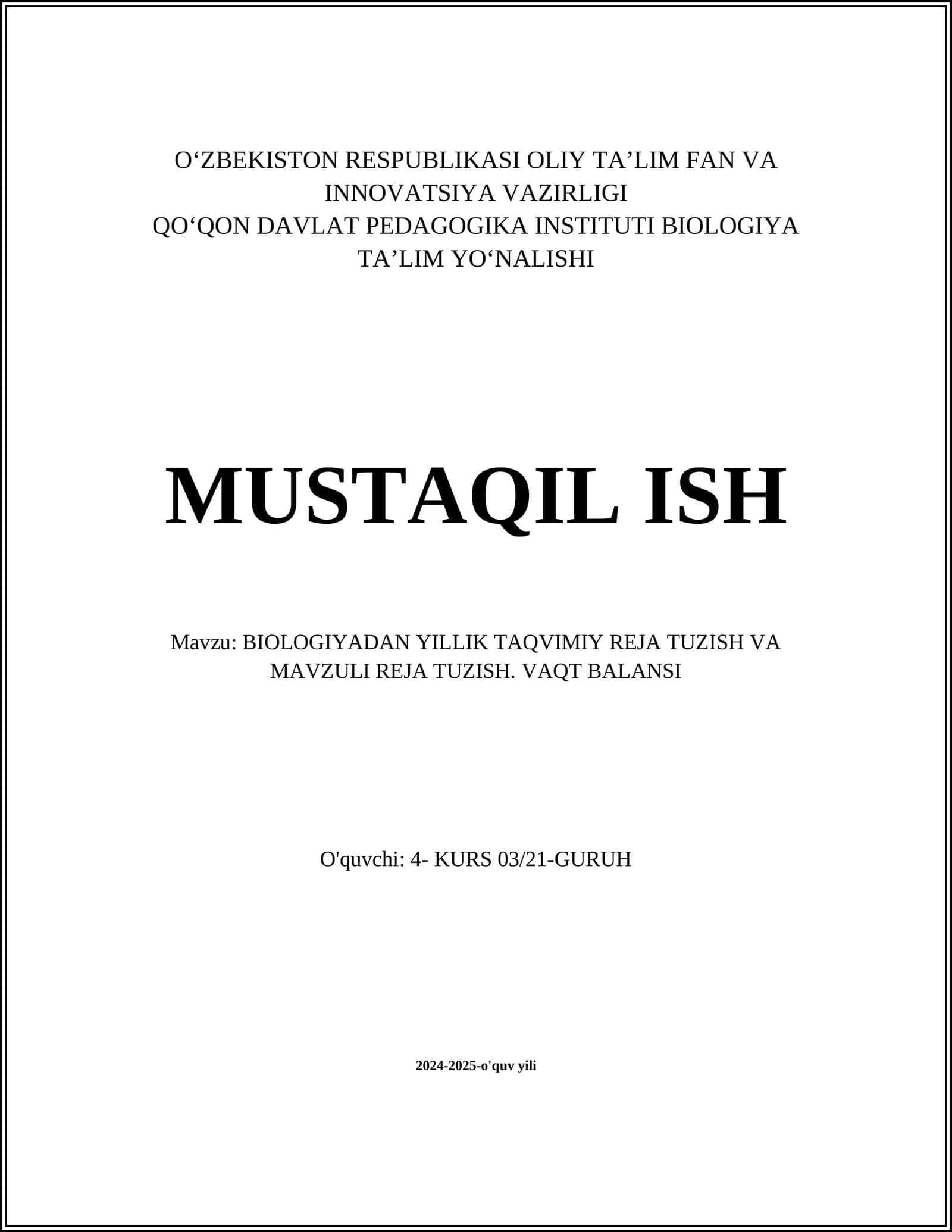 BIOLOGIYADAN YILLIK TAQVIMIY REJA TUZISH VA MAVZULI REJA TUZISH. VAQT BALANSI 1