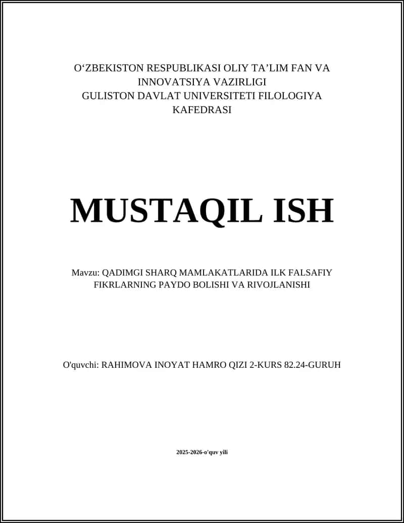 QADIMGI SHARQ MAMLAKATLARIDA ILK FALSAFIY FIKRLARNING PAYDO BOLISHI VA RIVOJLANISHI 1