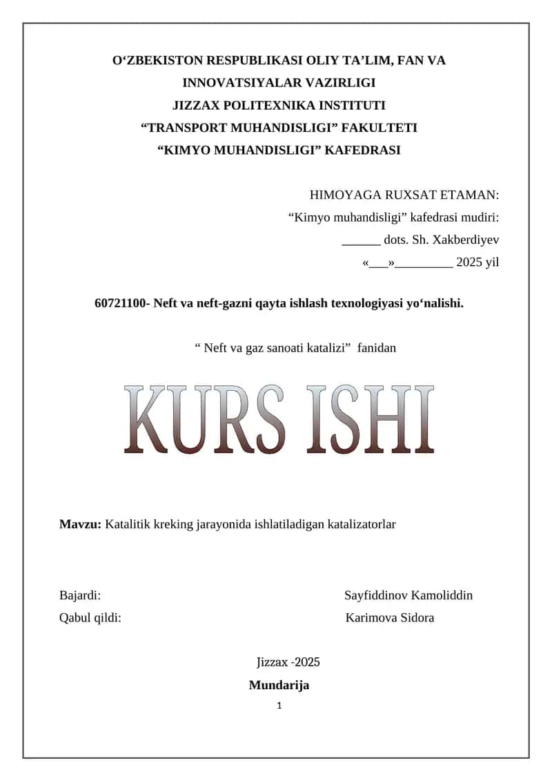 Katalitik kreking jarayonida ishlatiladigan katalizatorlar 1