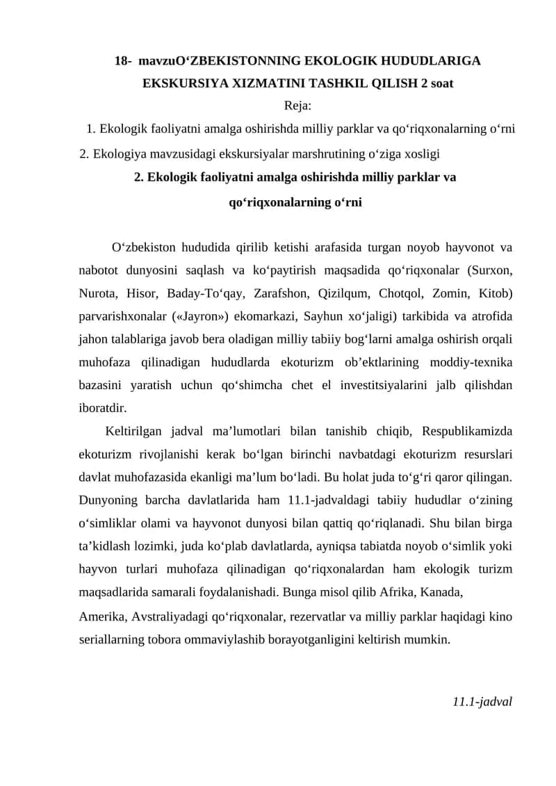 O‘ZBEKISTONNING EKOLOGIK HUDUDLARIGA EKSKURSIYA XIZMATI 1