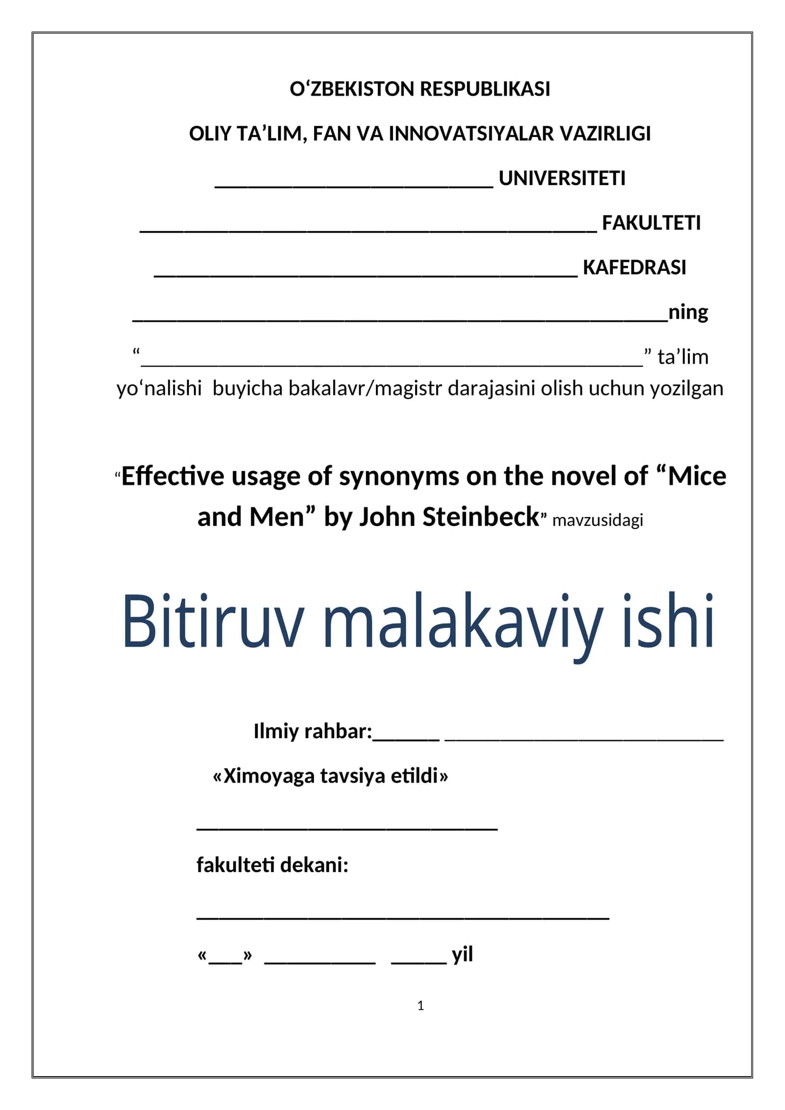 Effective usage of synonyms on the novel of “Mice and Men” by John Steinbeck 1