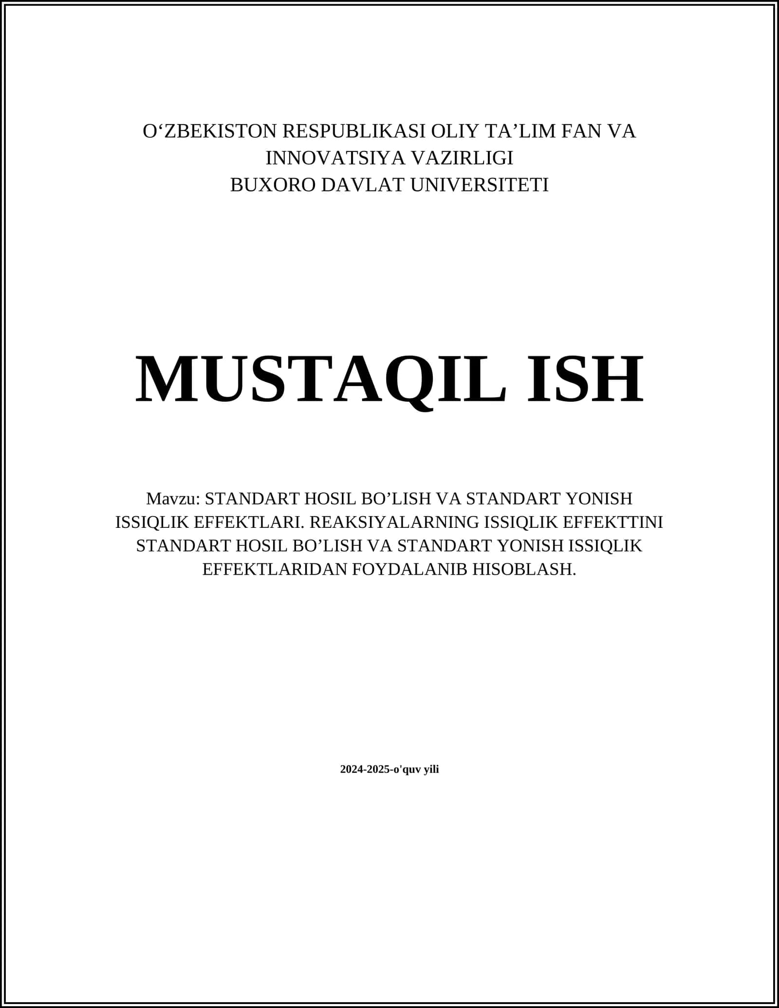 STANDART HOSIL BO’LISH VA STANDART YONISH ISSIQLIK EFFEKTLARI 1