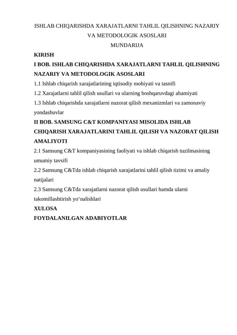 SAMSUNG C&T KOMPANIYASI MISOLIDA ISHLAB CHIQARISH XARAJATLARINI TAHLIL QILISH VA NAZORAT QILISH AMALIYOTI 1