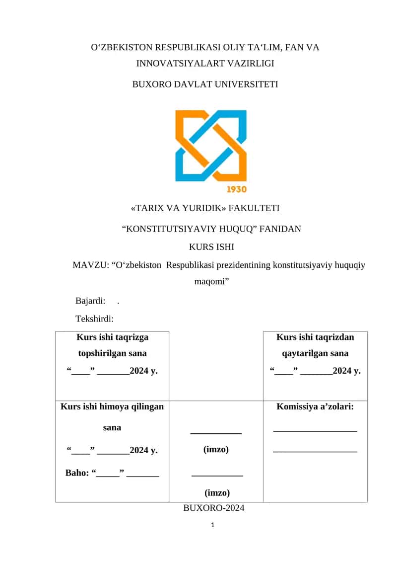 KURS ISHI: “Oʻzbekiston Respublikasi prezidentining konstitutsiyaviy huquqiy maqomi” 1