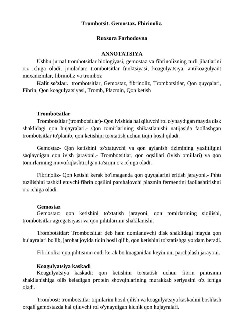 Trombotsitlar biologiyasi, gemostaz va fibrinoliz 1