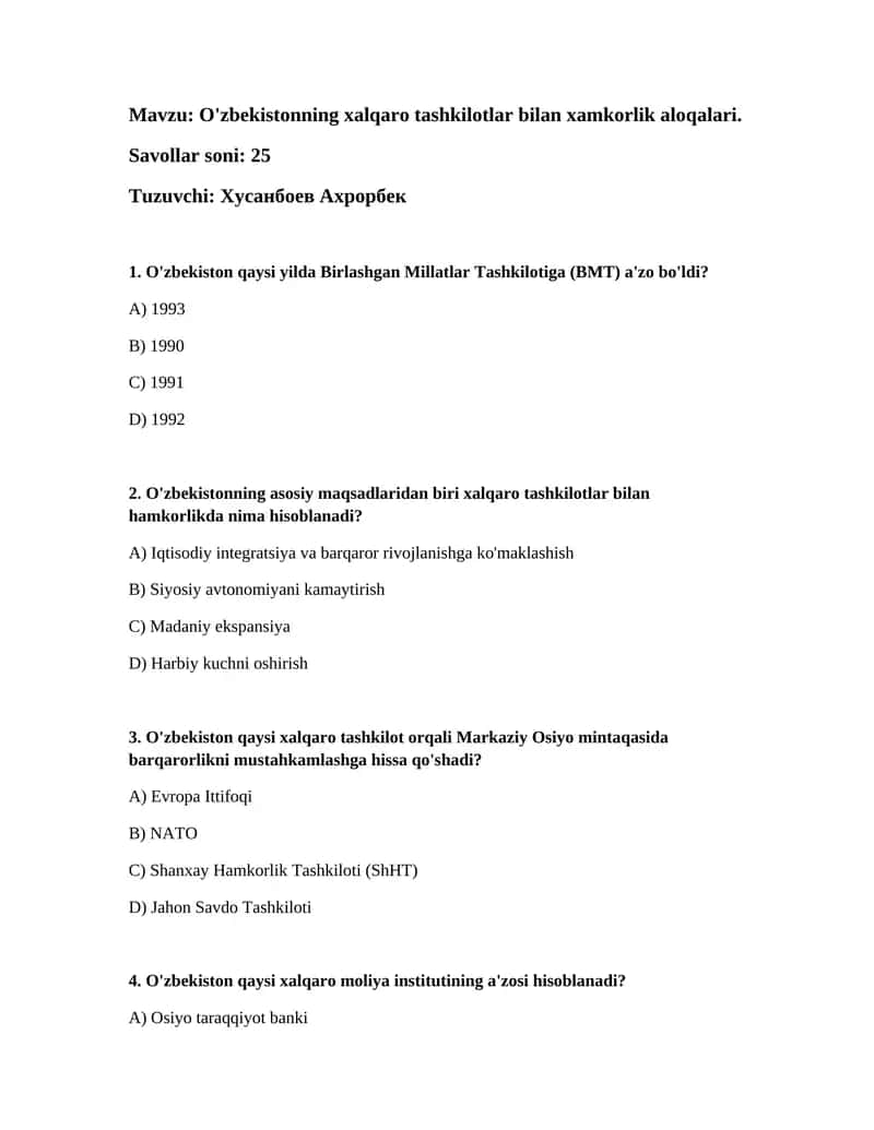 O'zbekistonning xalqaro tashkilotlar bilan xamkorlik aloqalari 1