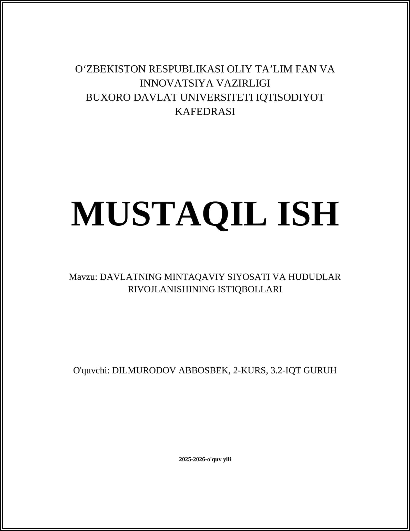 DAVLATNING MINTAQAVIY SIYOSATI VA HUDUDLAR RIVOJLANISHINING ISTIQBOLLARI 1