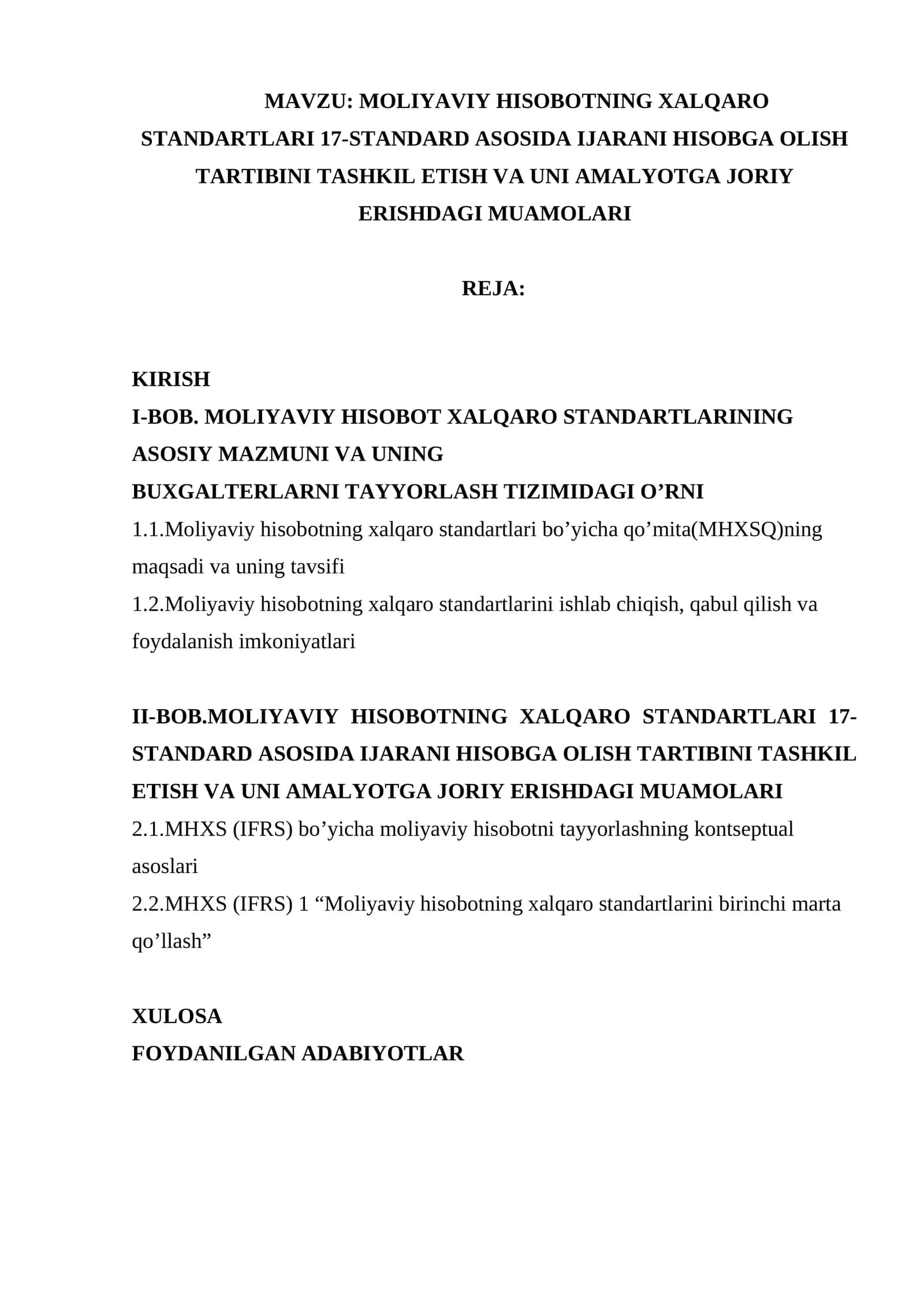 MOLIYAVIY HISOBOTNING XALQARO STANDARTLARI 17-STANDARD ASOSIDA IJARANI HISOBGA OLISH TARTIBINI TASHKIL ETISH VA UNI AMALYOTGA JORIY ERISHDAGI MUAMOLARI 1