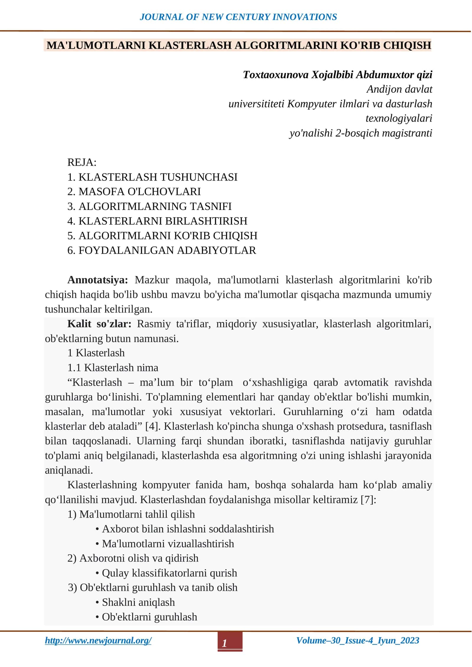 MA'LUMOTLARNI KLASTERLASH ALGORITMLARINI KO'RIB CHIQISH 1