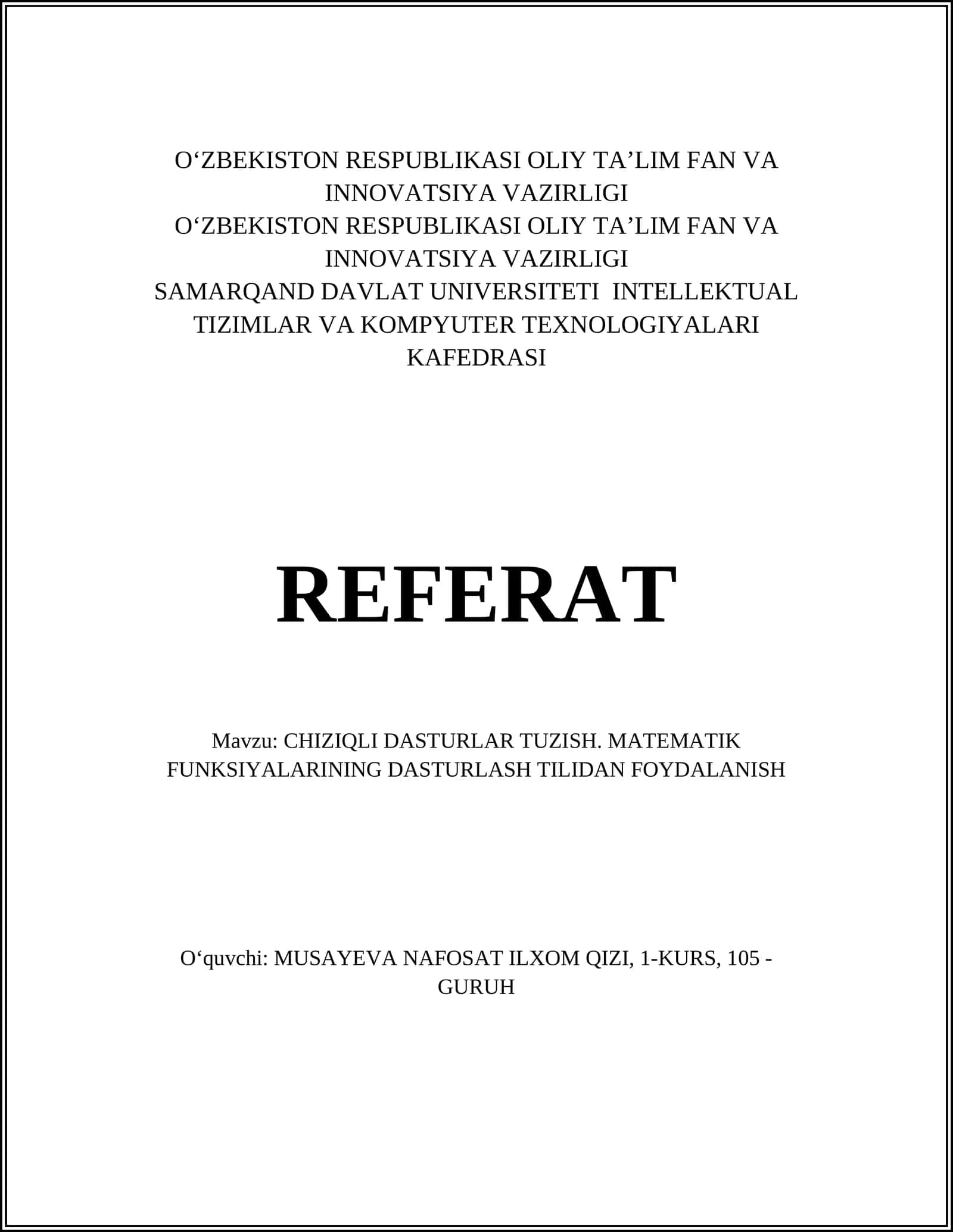 CHIZIQLI DASTURLAR TUZISH. MATEMATIK FUNKSIYALARINING DASTURLASH TILIDAN FOYDALANISH 1
