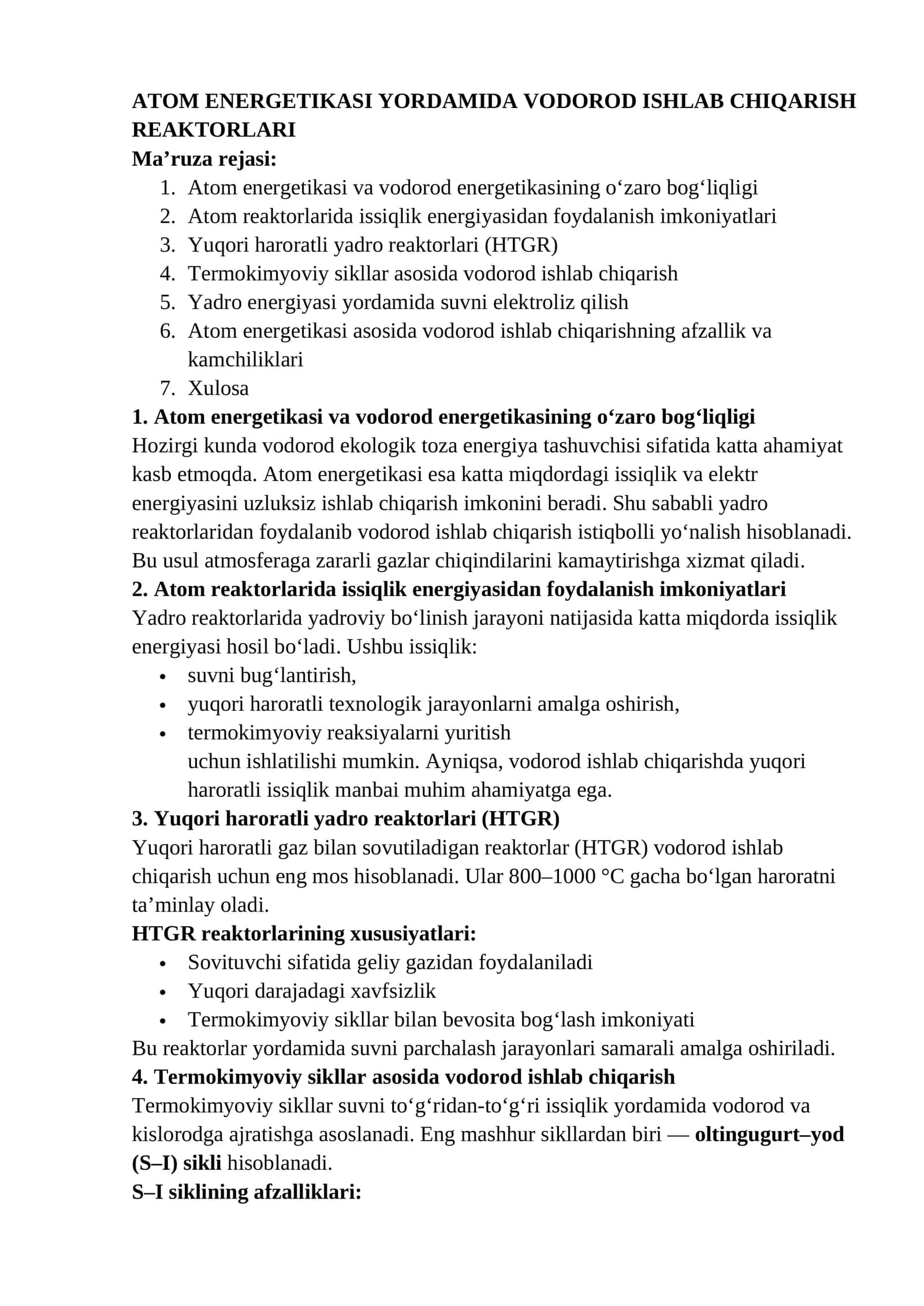 ATOM ENERGETIKASI YORDAMIDA VODOROD ISHLAB CHIQARISH REAKTORLARI 1