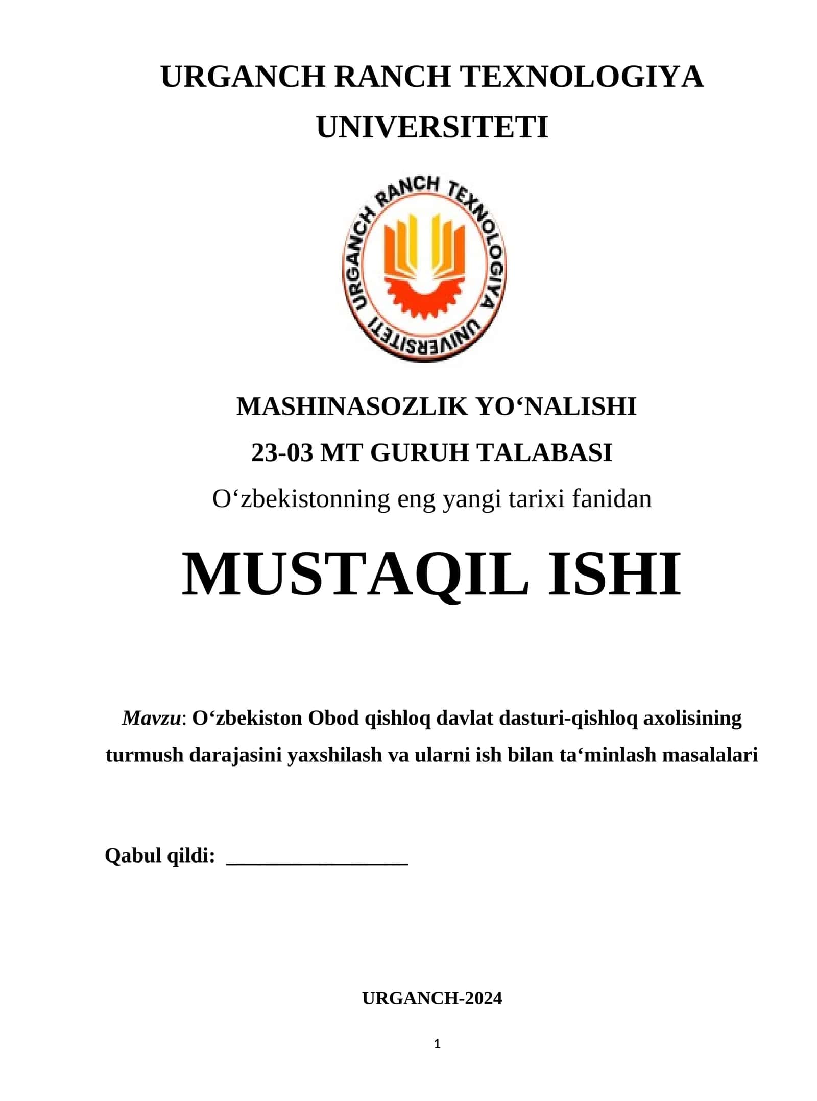 O‘zbekiston Obod qishloq davlat dasturi-qishloq axolisining turmush darajasini yaxshilash va ularni ish bilan ta‘minlash masalalari 1