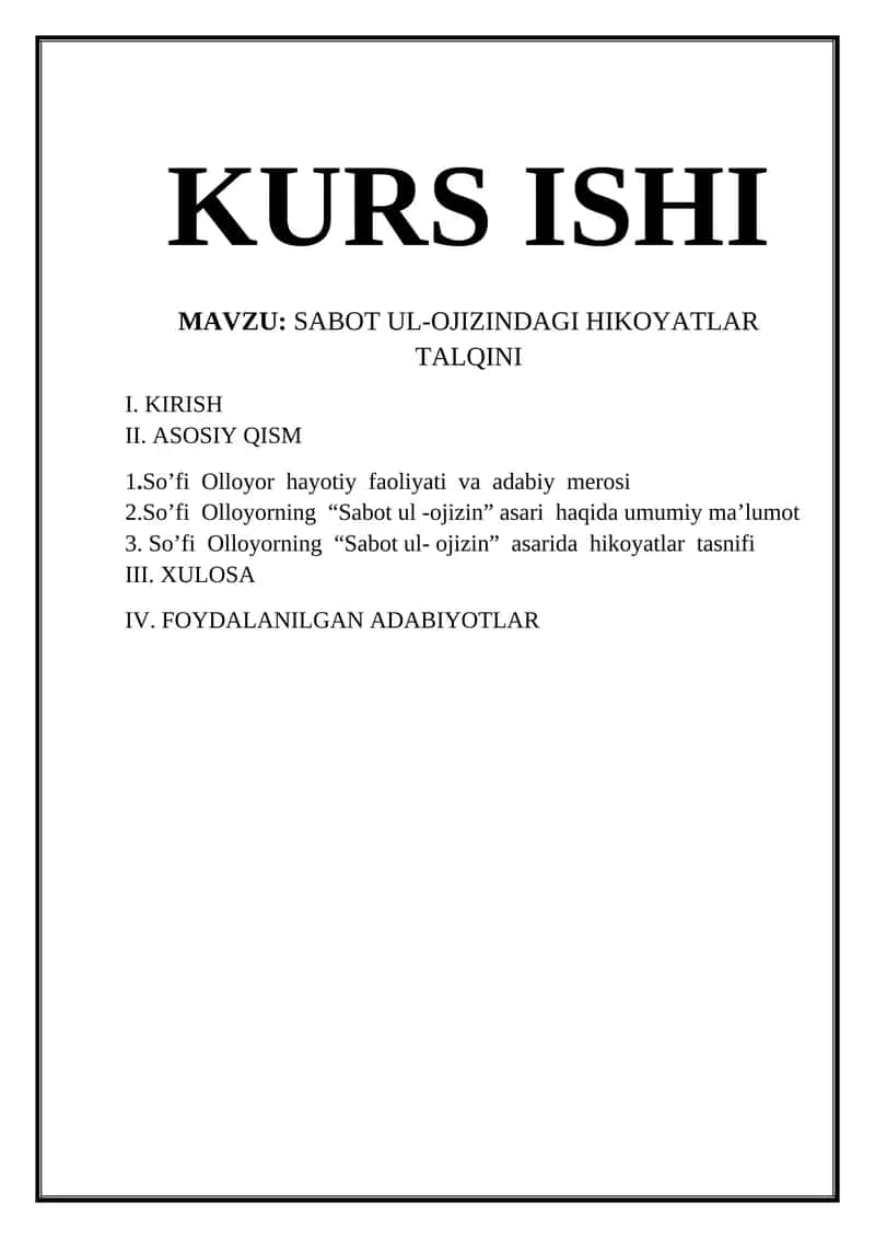 Sabot ul-Ojizindagi hikoyatlar talqini 1