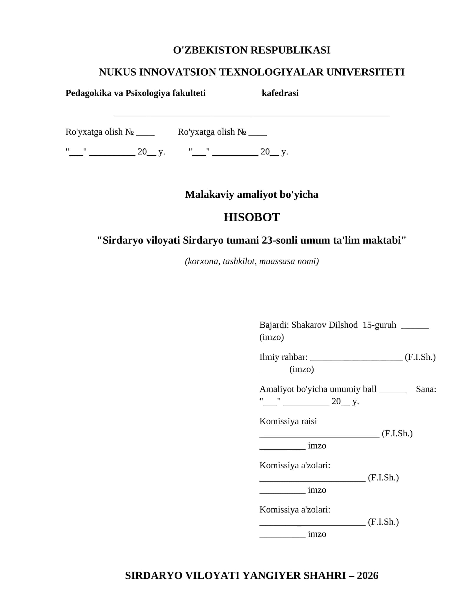 Pedagokika va Psixologiya - malakaviy amaliyot 1
