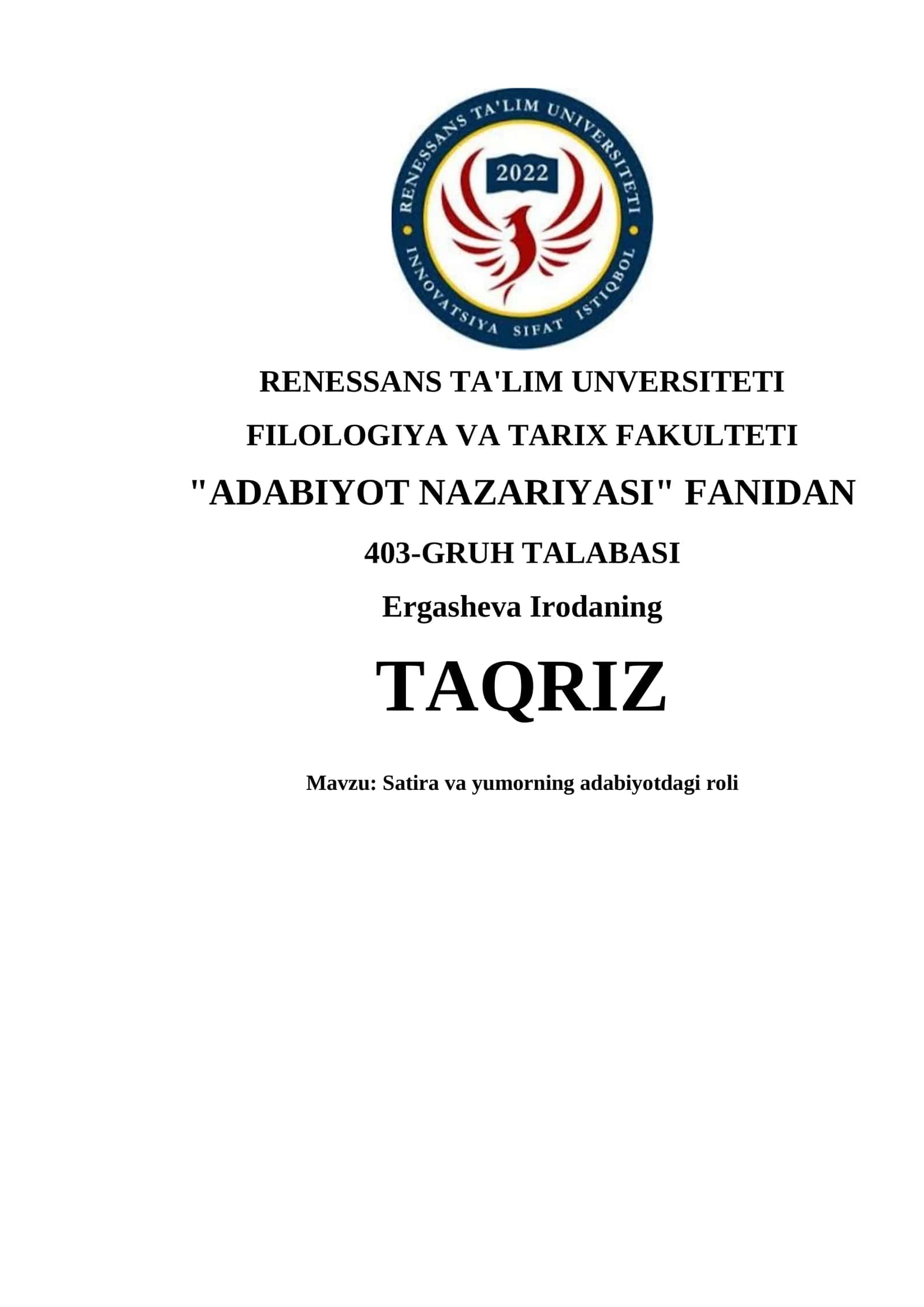 "ADABIYOT NAZARIYASI" FANIDAN TAQRIZ 1